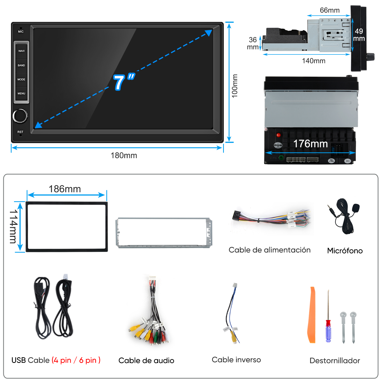 Una pantalla de autorradio de 7 pulgadas con dimensiones y accesorios como cables, micro.