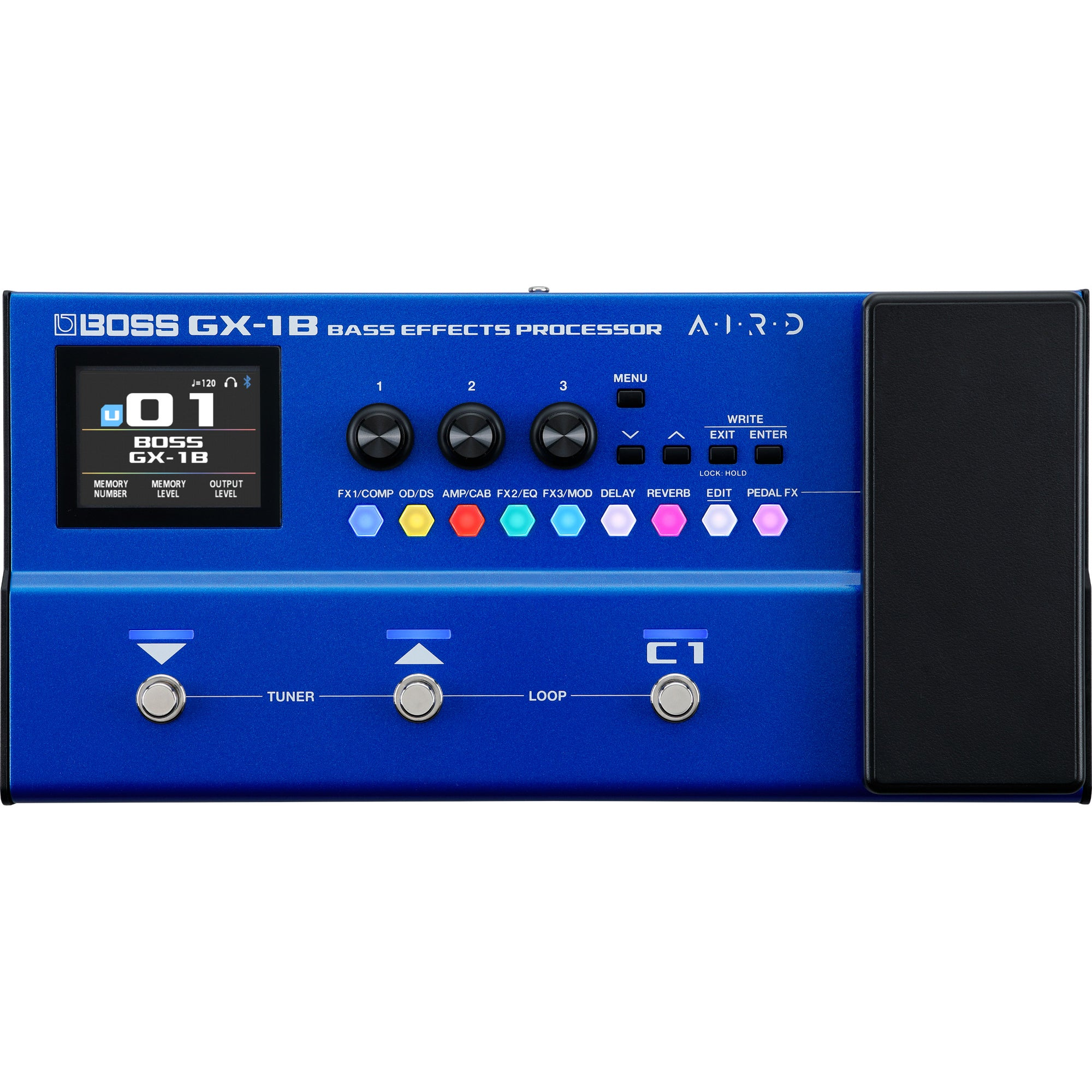 Blauwe BOSS GX-1B bas-effectprocessor met zwart expressiepedaal en vele knoppen.