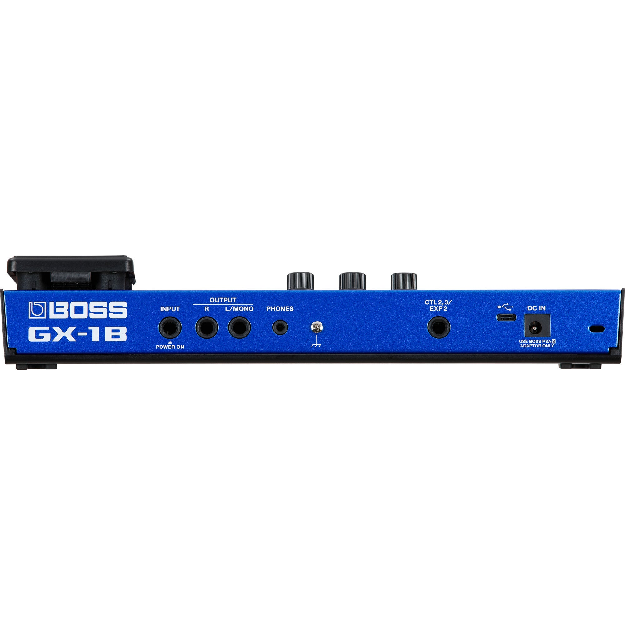 Blauwe BOSS GX-1B vloer-effectprocessor met poorten en knoppen.