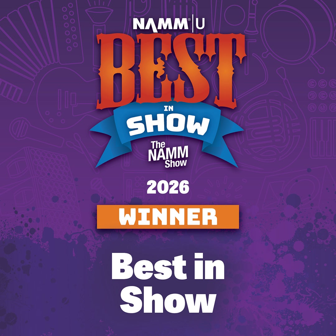 NAMM Show 2026 Winnaar Best in Show met muziekinstrument silhouetten.