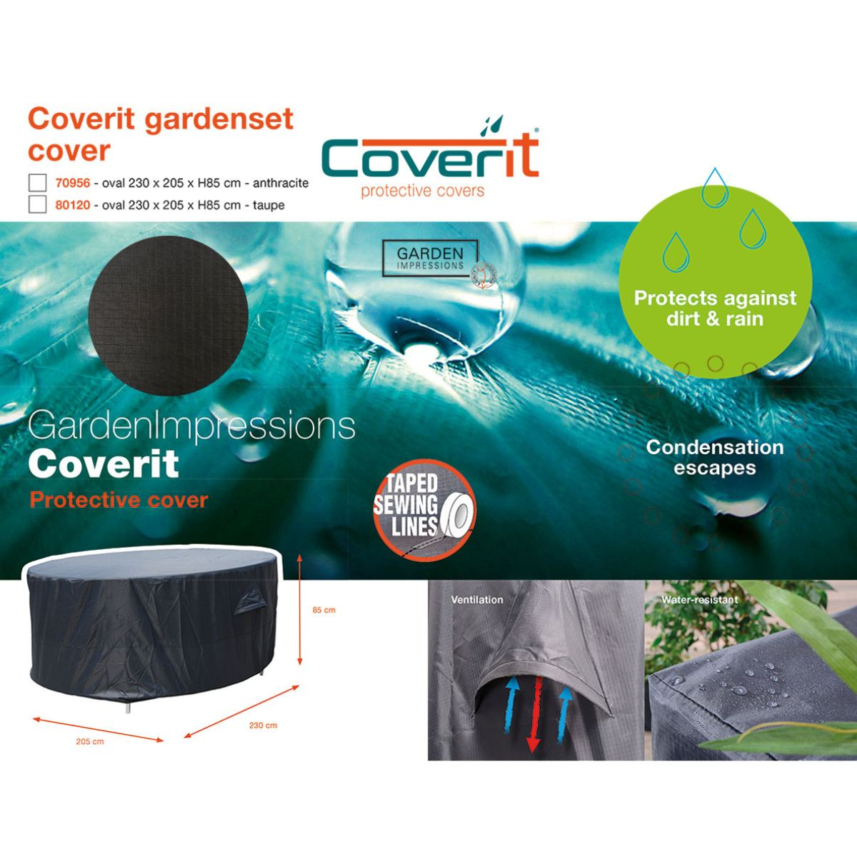 Oval garden furniture cover, anthracite or taupe, 230x205x85cm.