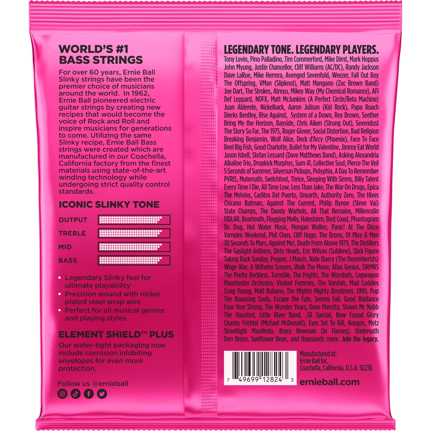 Ernie Ball bass strings packaging with text, list of players, and a barcode.