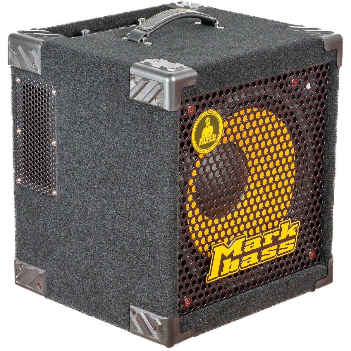 Small black amplifier with yellow speaker and Markbass logo.