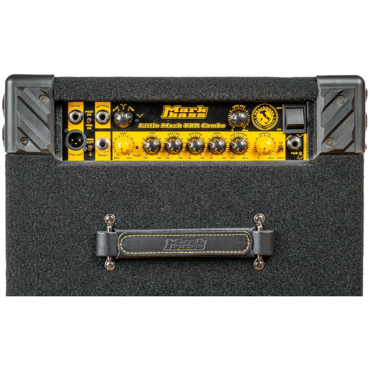 Black Markbass Little Mark 58R Combo amp front panel with knobs, jacks, and logo.