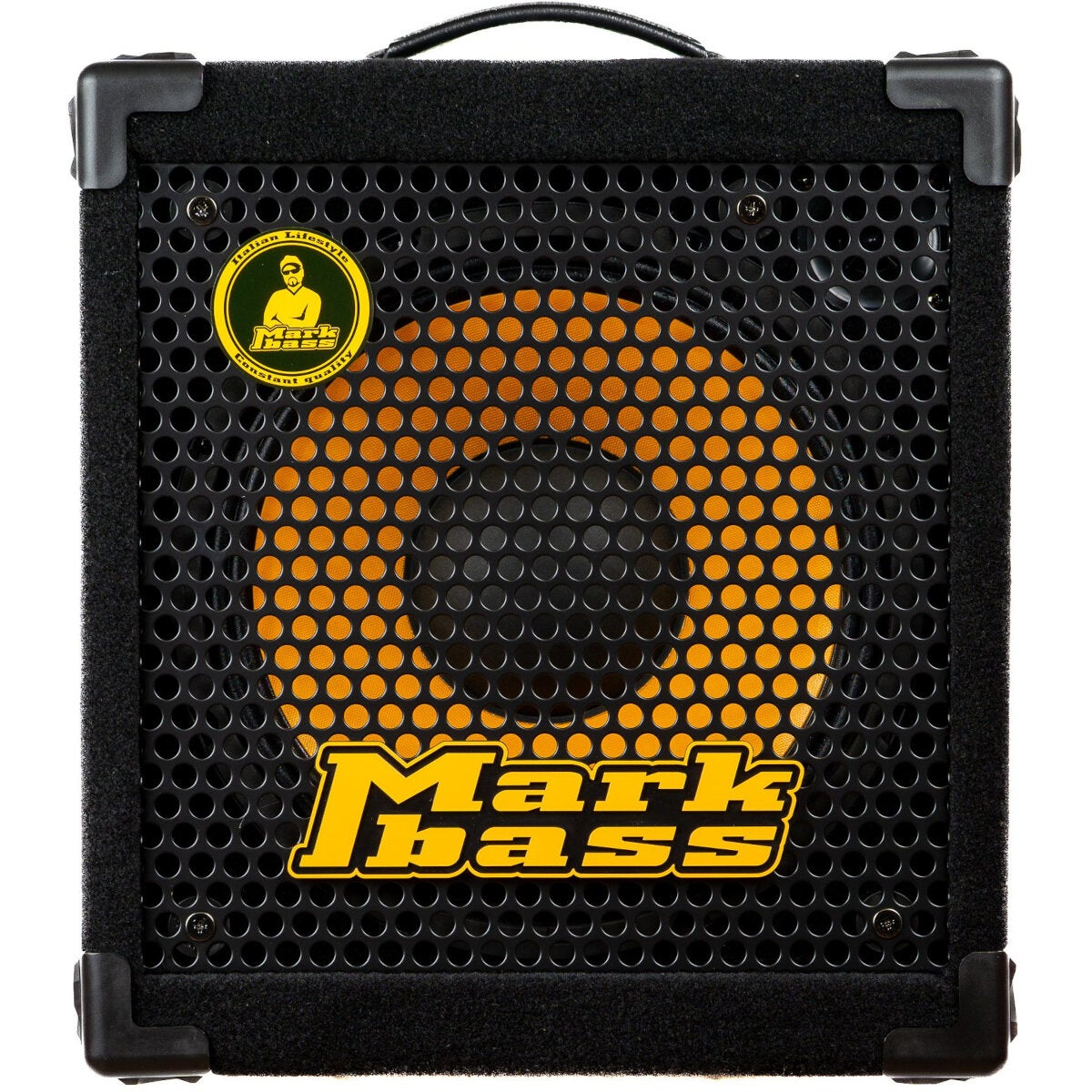 Black Markbass combo amp with orange speaker grille and yellow logo.
