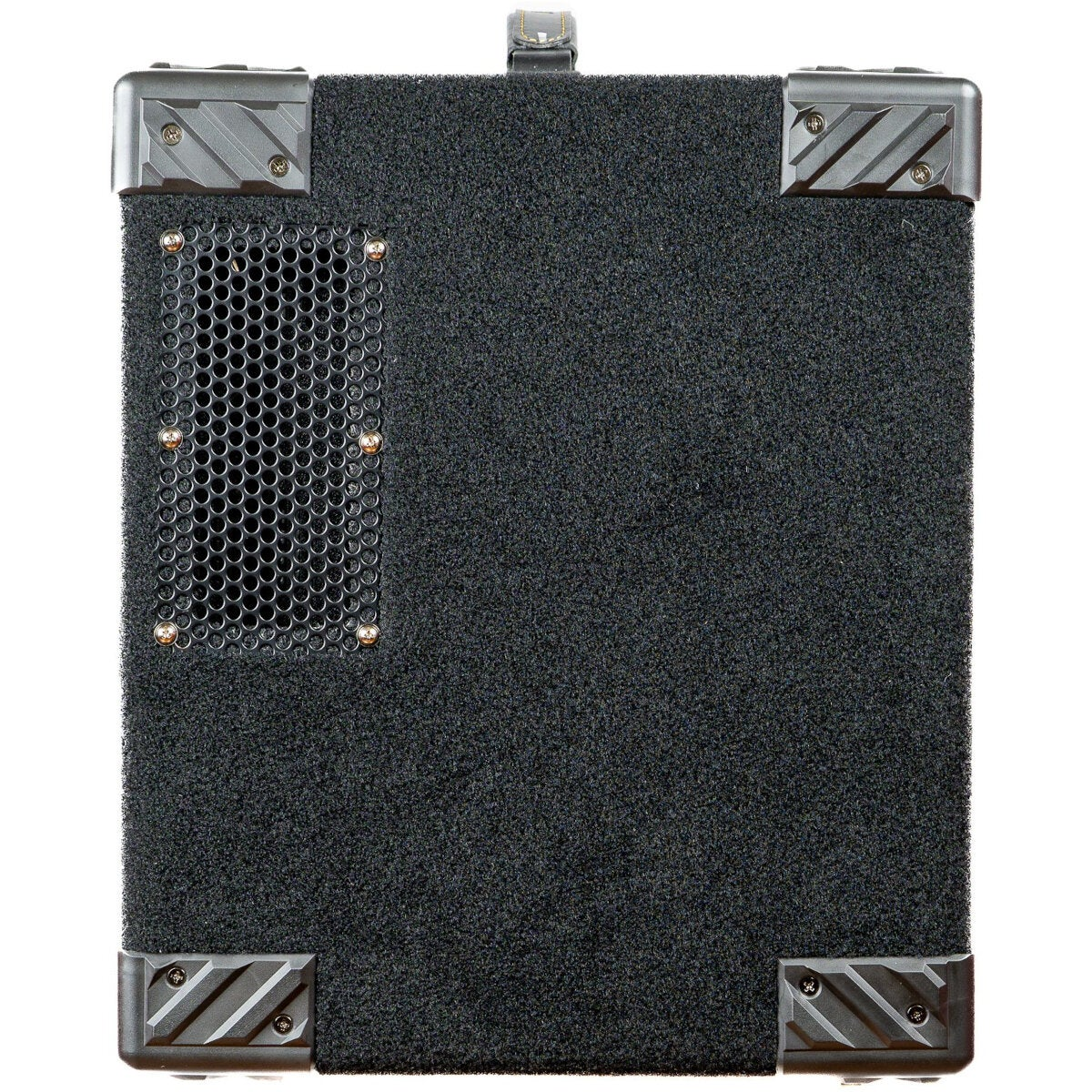 Black speaker with metal corners and a perforated grille.