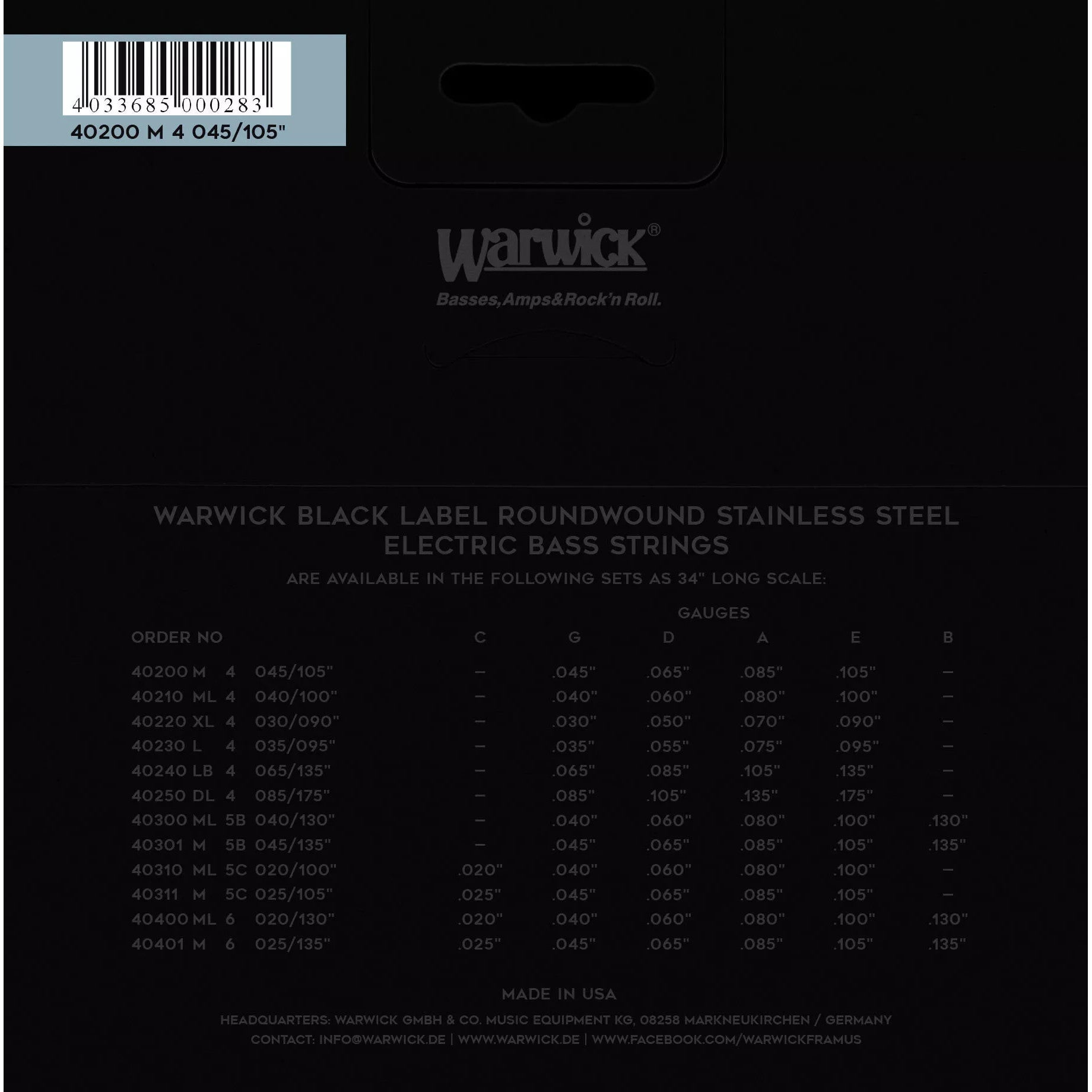 Warwick basgitaar snaarverpakking met maattabel en barcode.