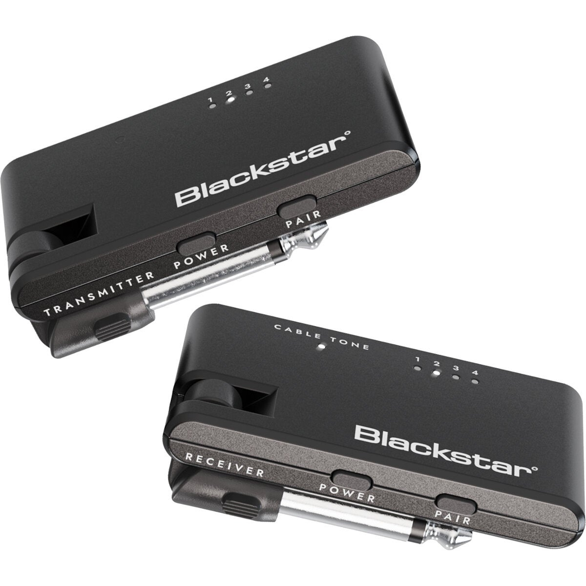 Two black Blackstar transmitter/receiver units with jack plugs.
