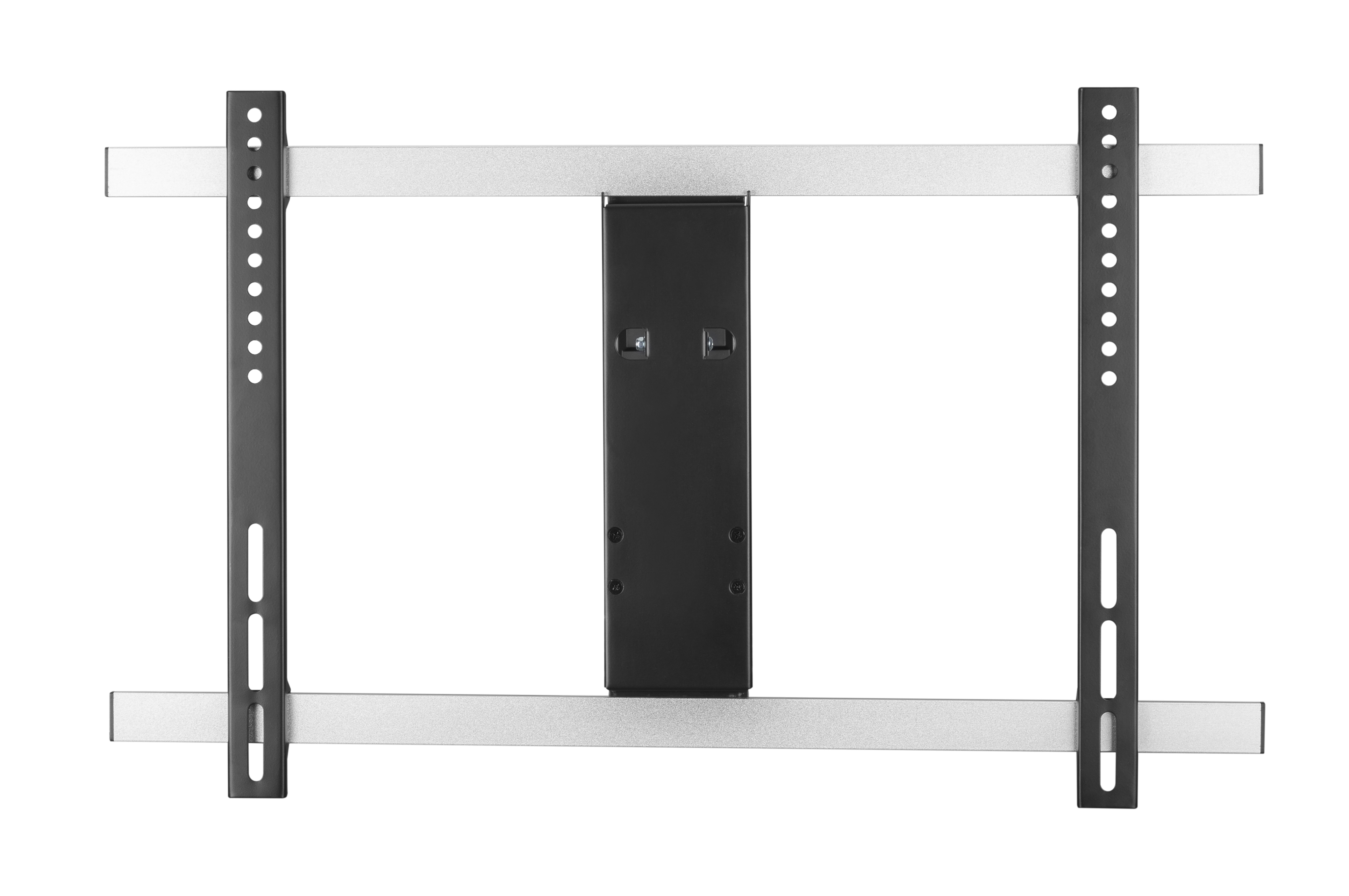 Ein schwarzer TV-Wandhalter mit silbernen Querstreben und vielen Löchern.