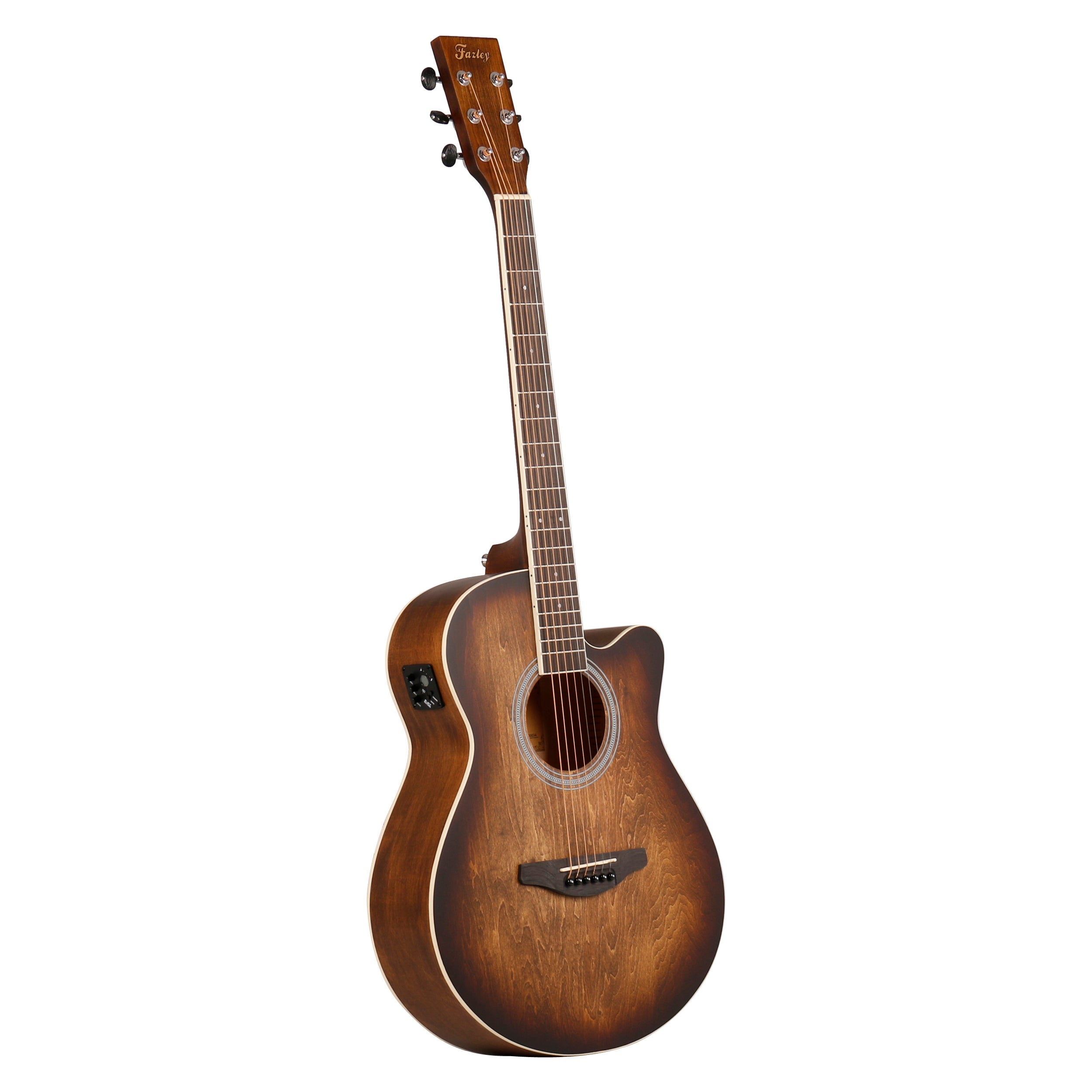 Een bruine akoestische gitaar met cutaway en zwarte stemknoppen, op witte achtergrond.