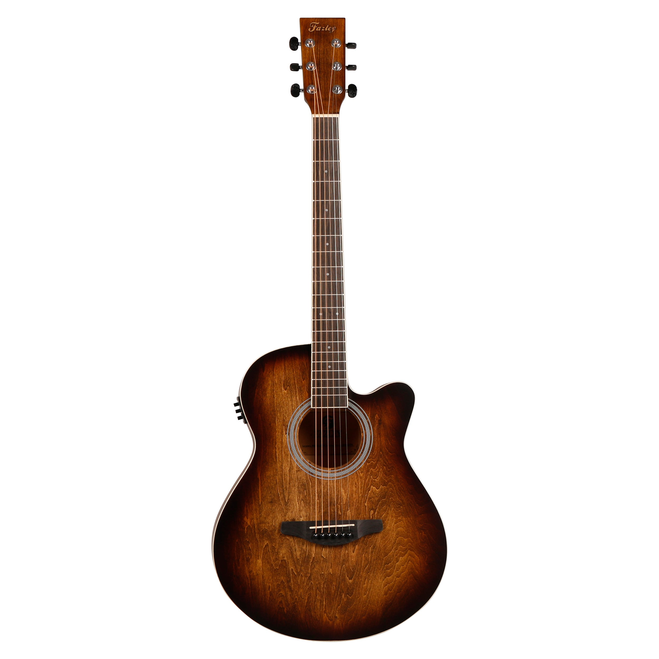 Een bruine akoestische gitaar met zes snaren en cutaway body.