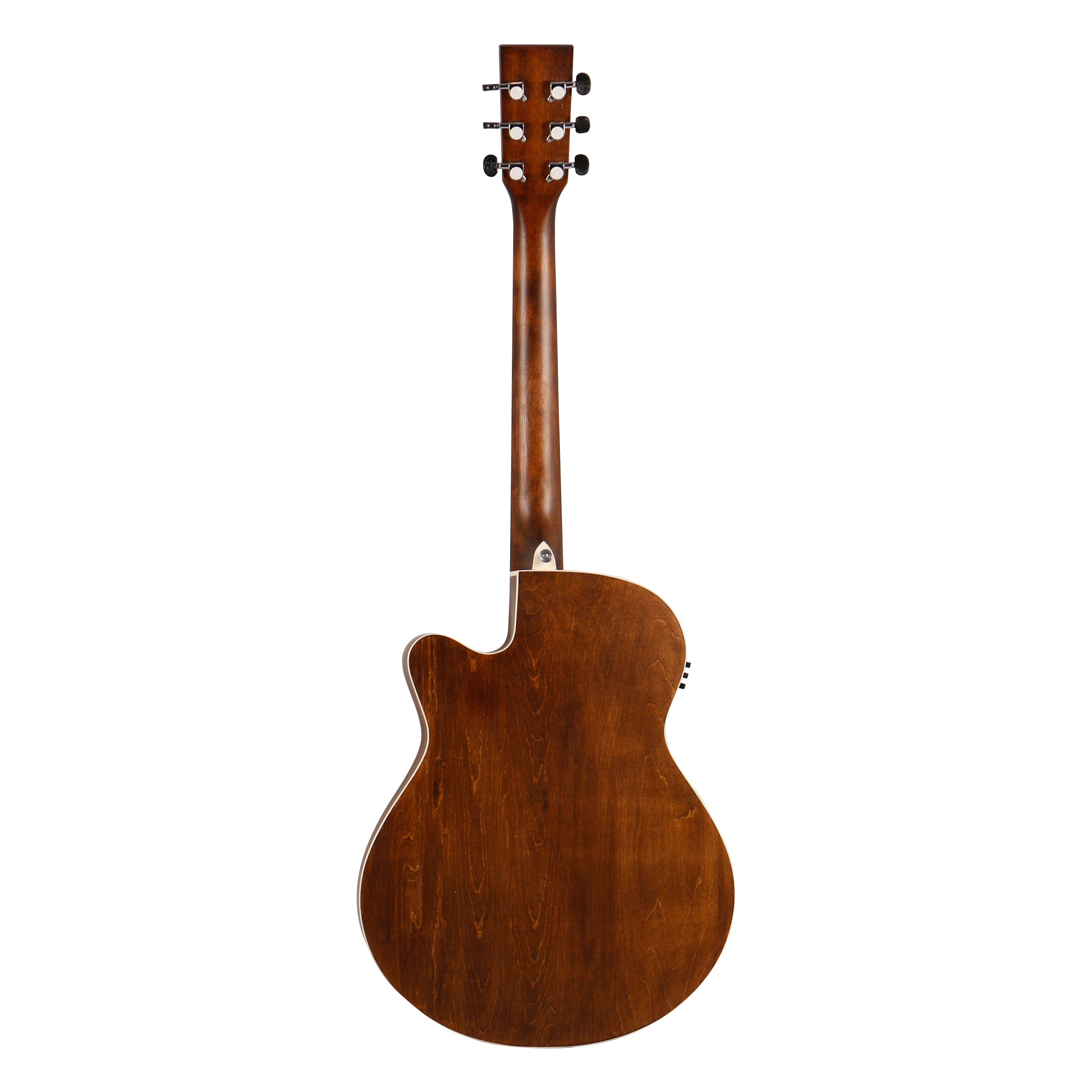 Achterkant van een bruine akoestische gitaar met zichtbare hals en stemknoppen.