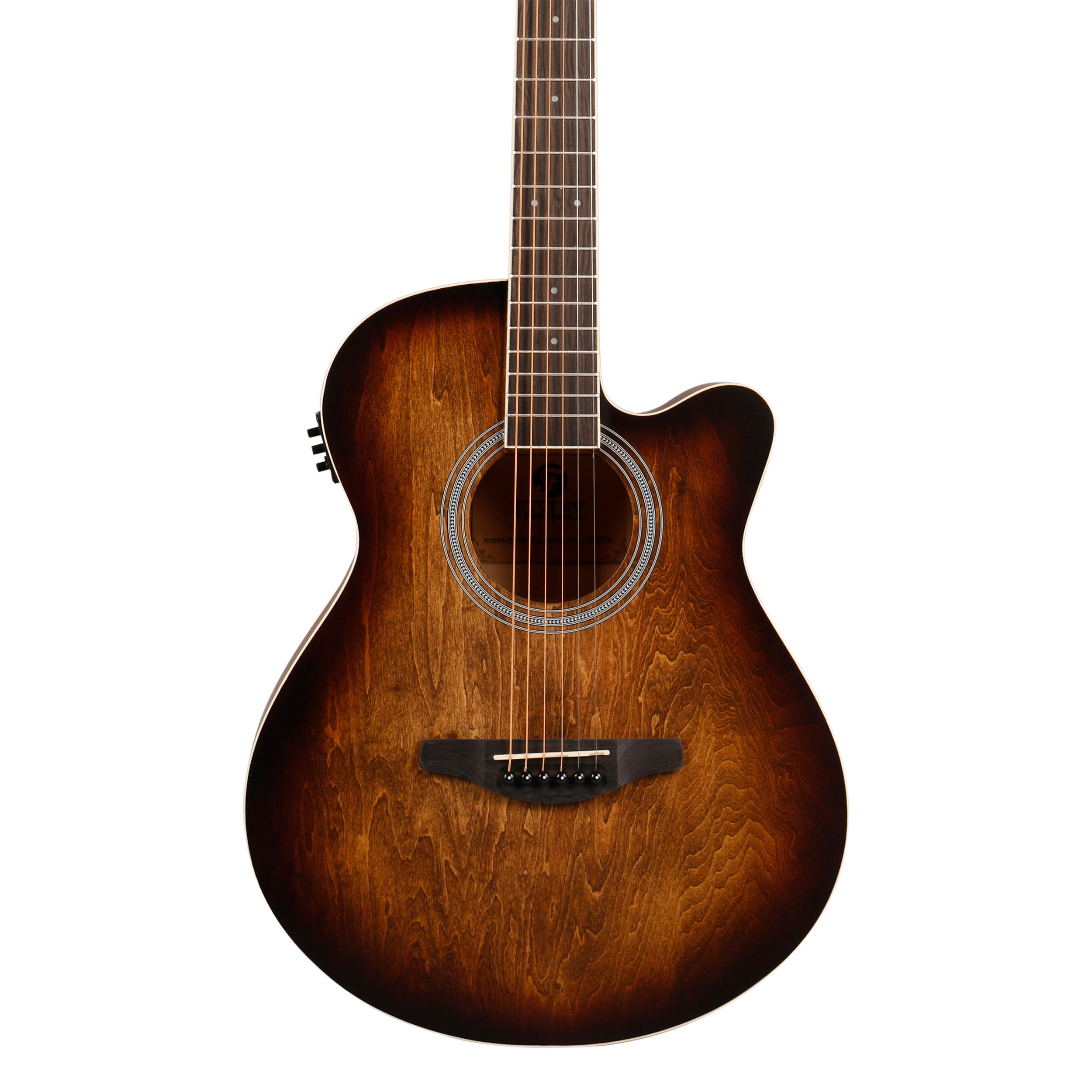 Een bruine akoestische gitaar met snaren, een brug en een klankgat.