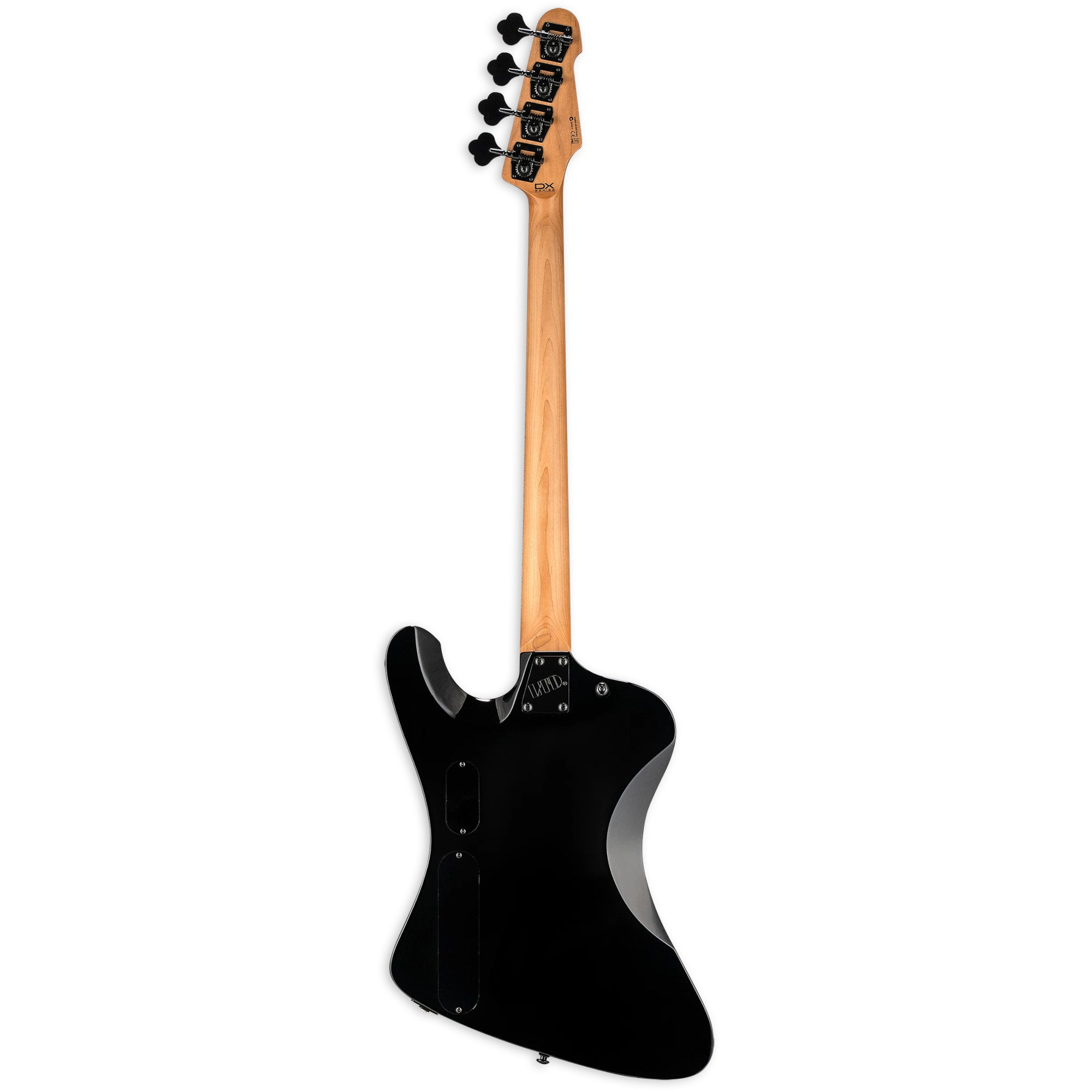 Zwarte elektrische basgitaar met licht houten hals en vier zwarte stemmechanieken.