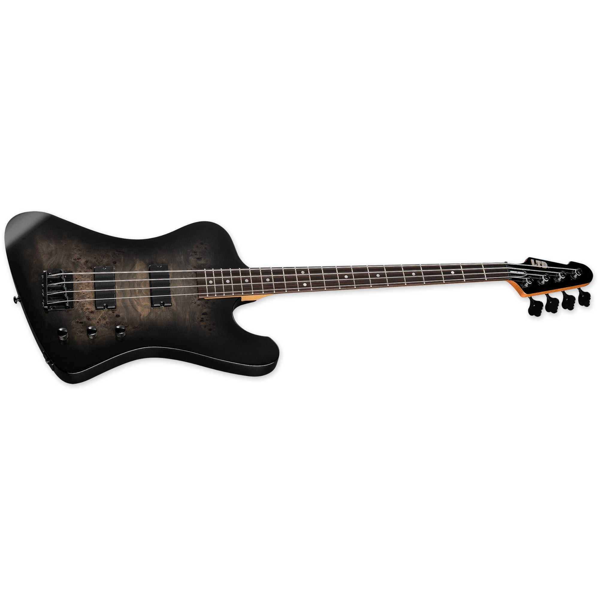 Een zwarte basgitaar body met houtnerf, vier snaren en zes stemmechanieken.