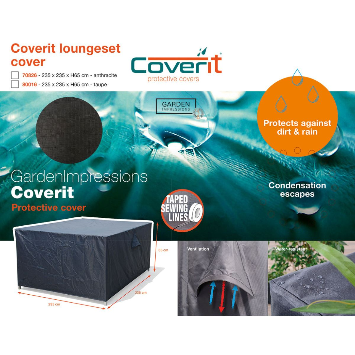 Coverit loungeset cover protects furniture from dirt & rain. Dimensions: 235x235x65cm.