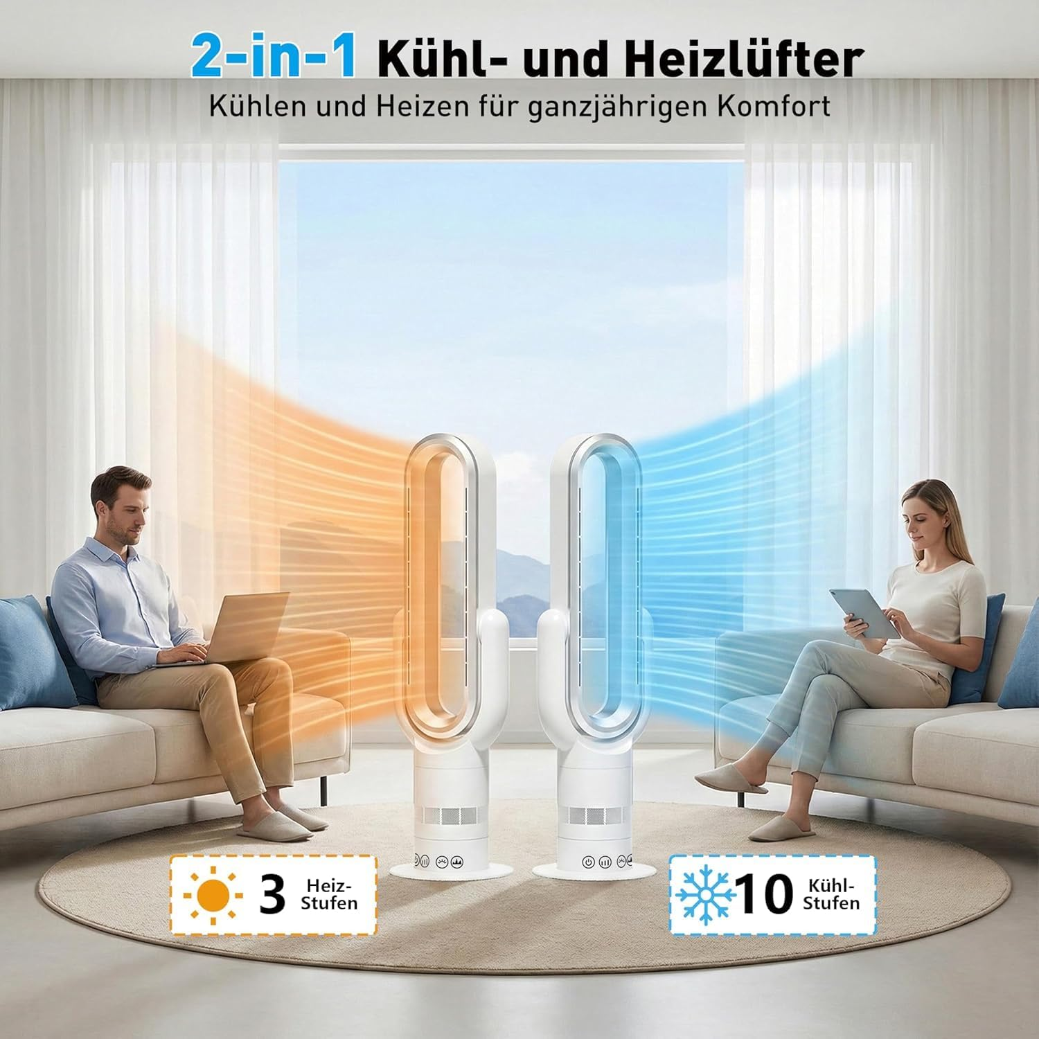 Ein Mann und eine Frau sitzen auf Sofas, während ein Heiz-/Kühllüfter Luft bläst.