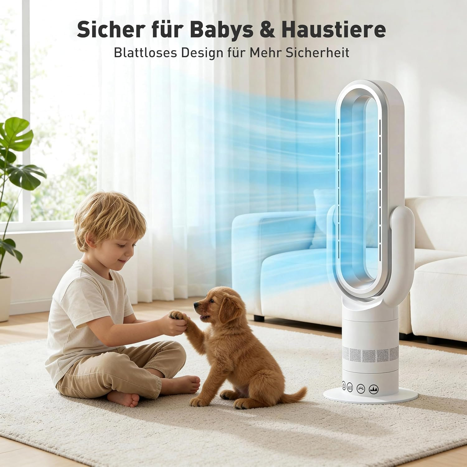 Ein Junge und ein Welpe spielen vor einem blattlosen Ventilator.