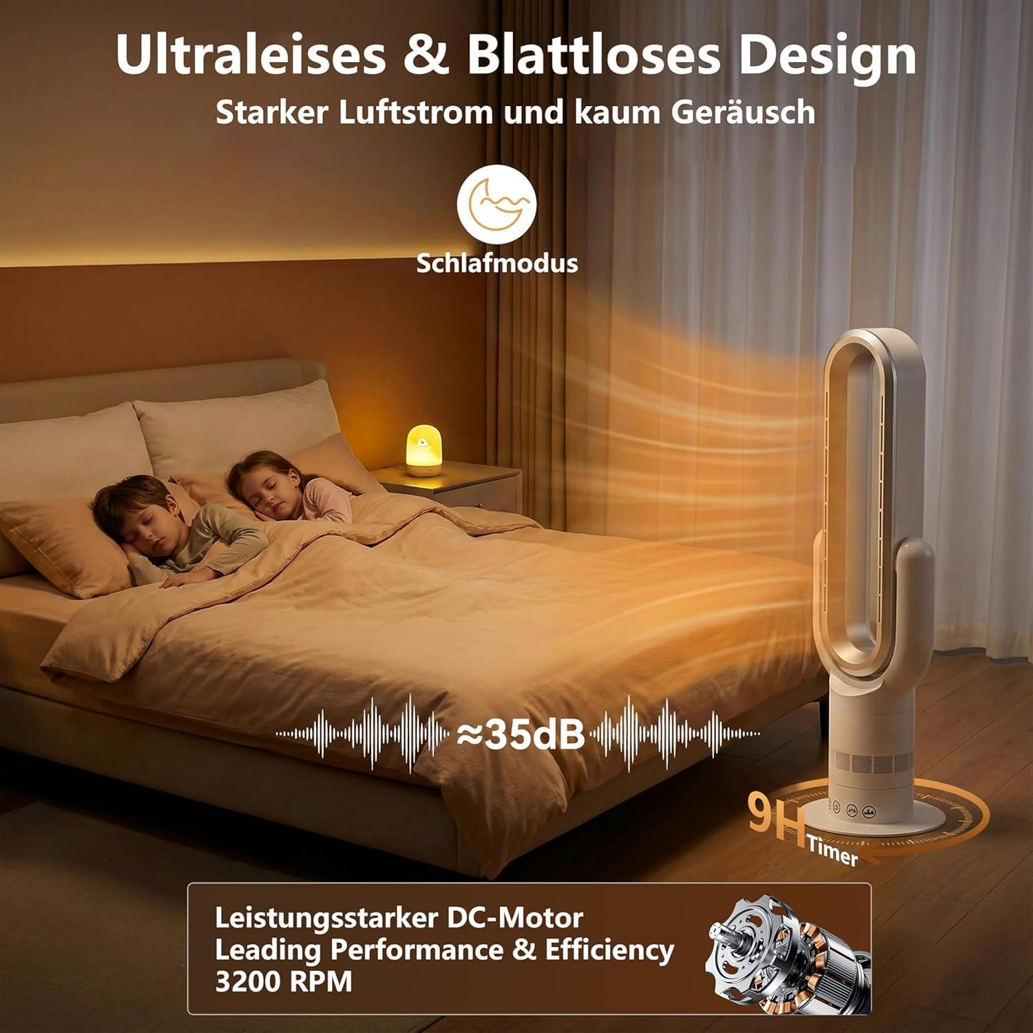 Ein blattloser Ventilator läuft in einem Schlafzimmer, in dem zwei Kinder schlafen. Merkmale: Schlafmodus, 35dB, 9h Timer.