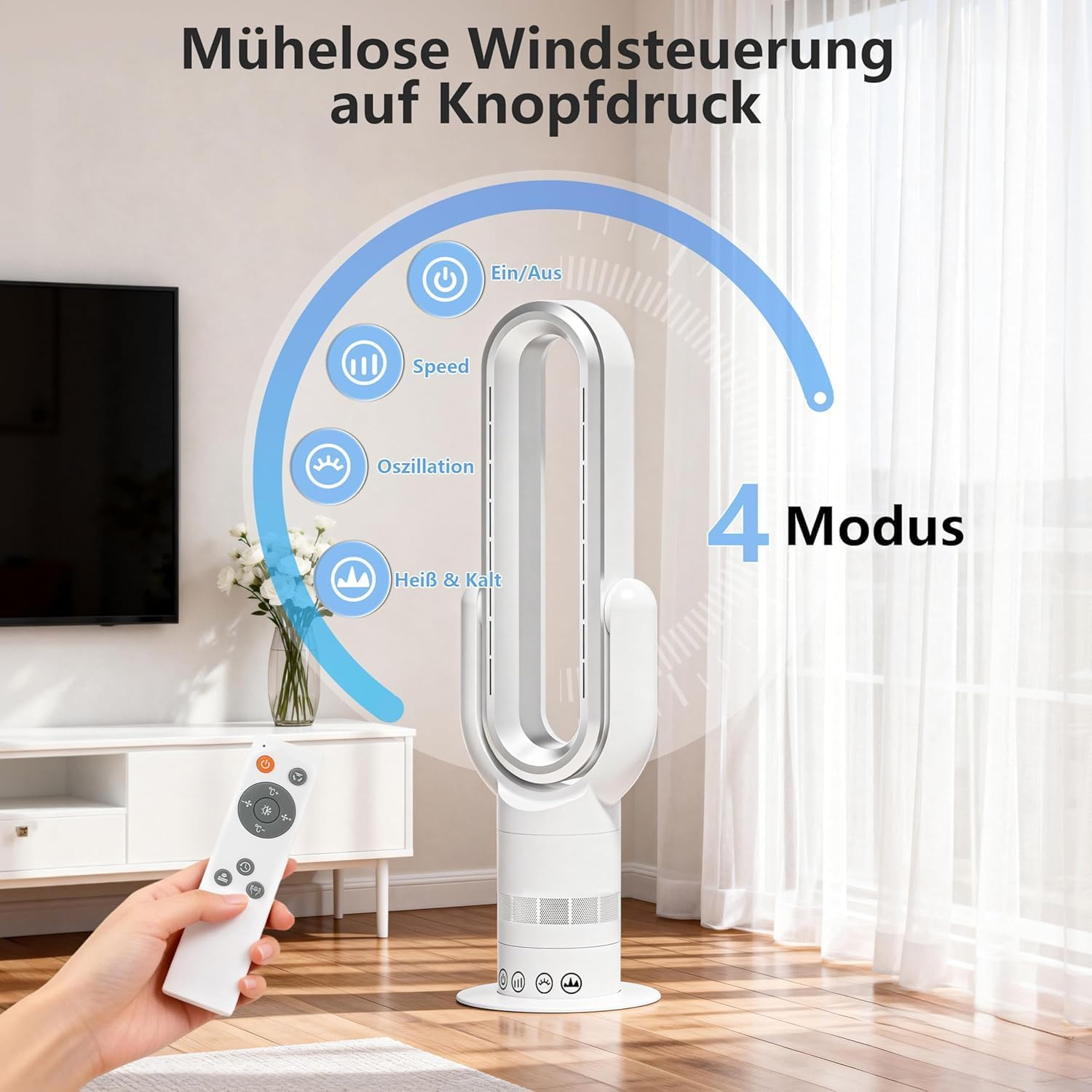 Ein weißer Turmventilator mit Fernbedienung und Bediensymbolen.