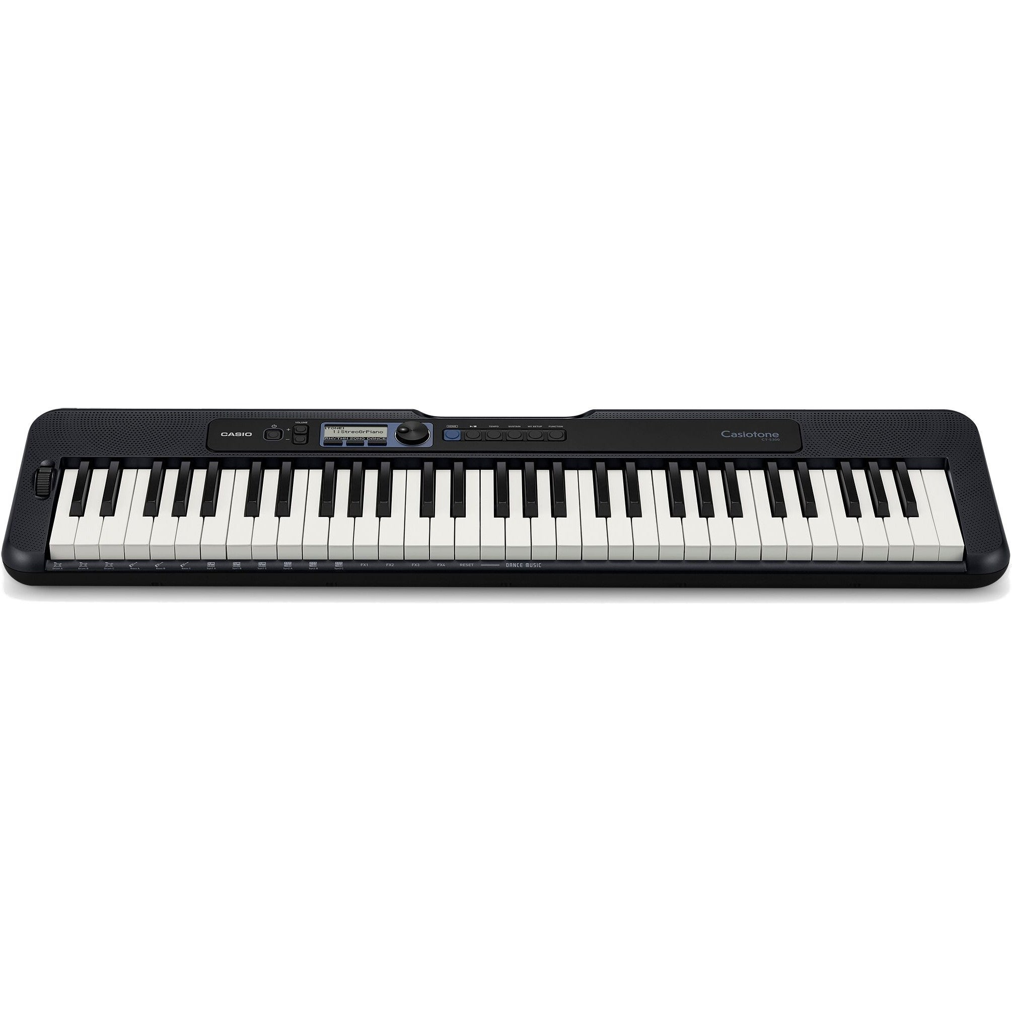 Een zwart Casio keyboard met witte en zwarte toetsen.