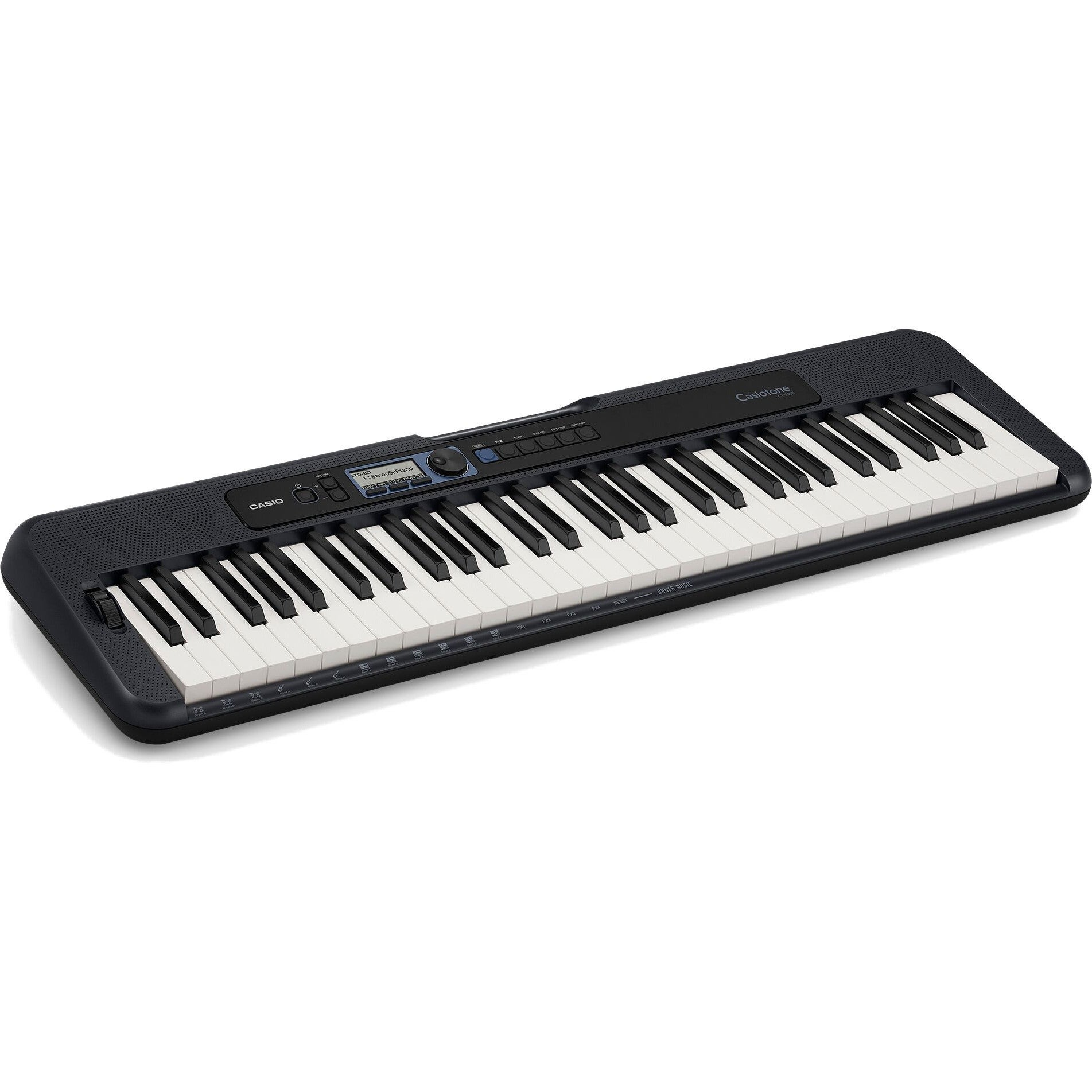 Een zwarte Casio digitale piano met witte en zwarte toetsen.
