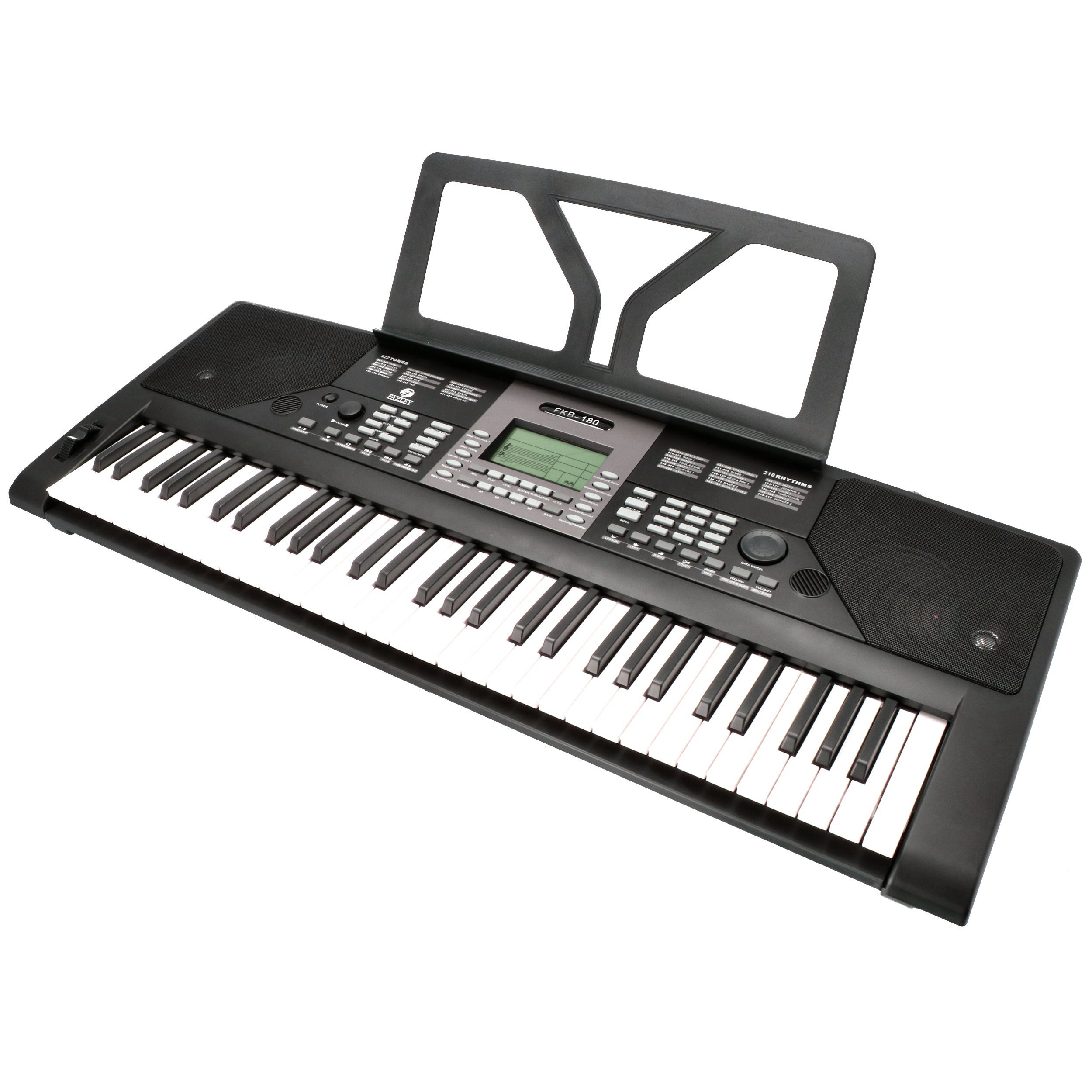 Zwart keyboard met muziekstandaard, veel toetsen en display.