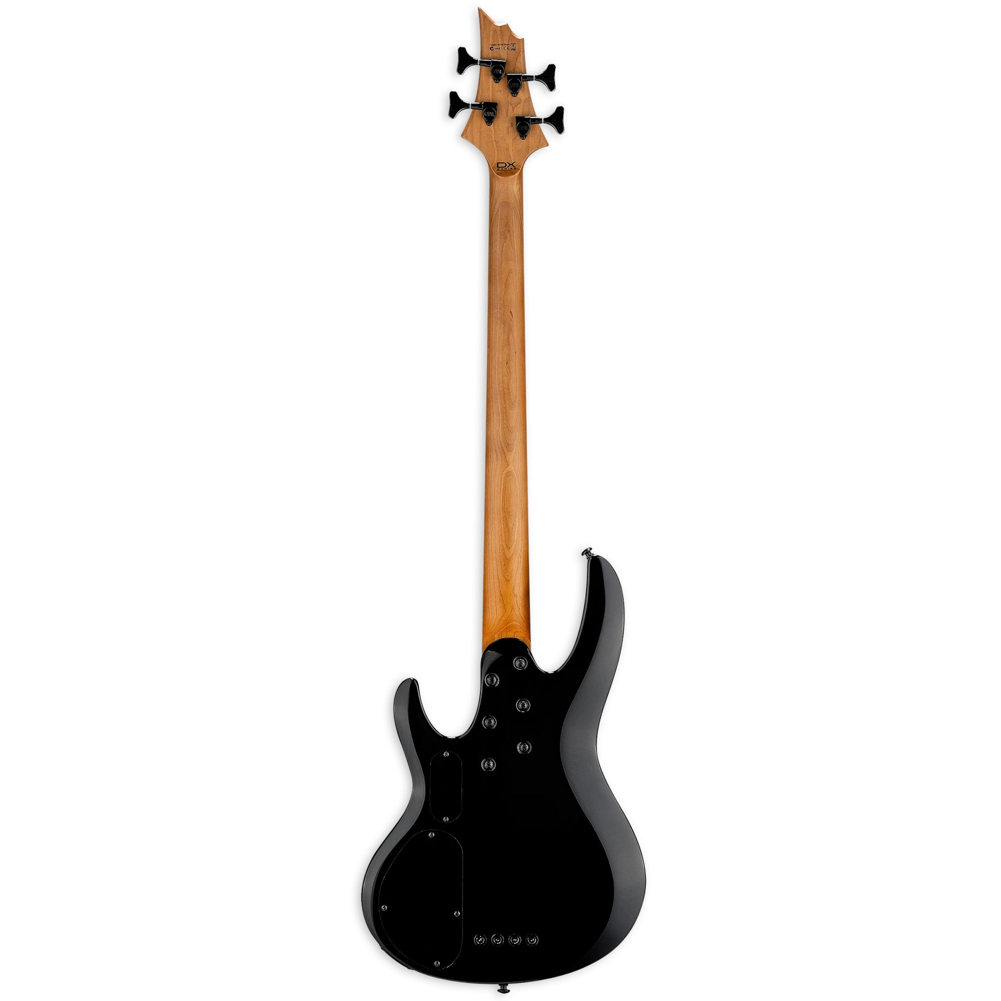 Back of a black 5-string bass guitar neck with four black tuning pegs.