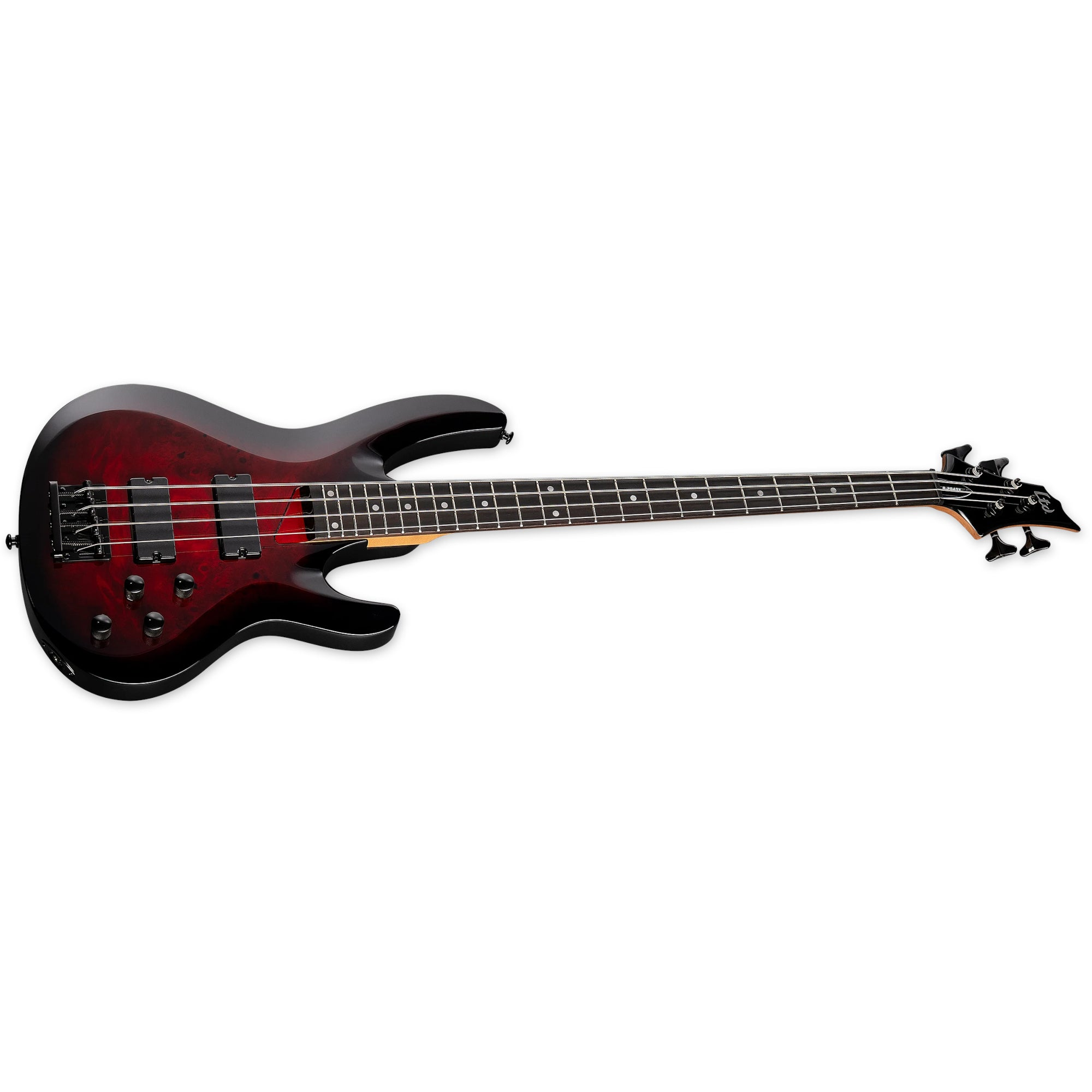 A red and black bass guitar body with four strings and humbucker pickups.
