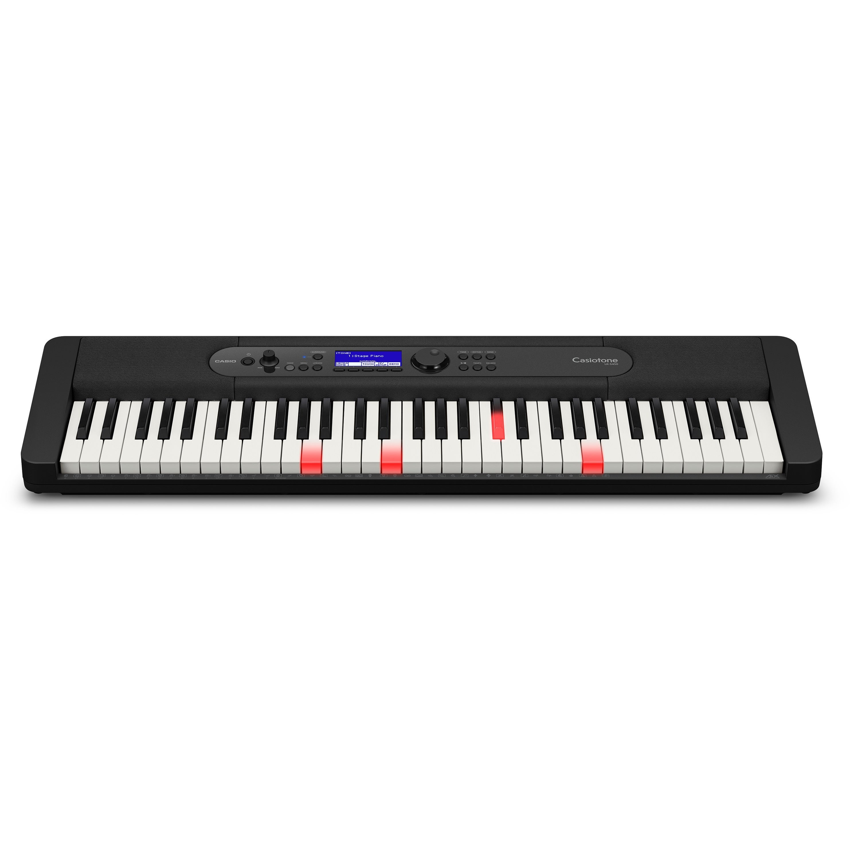 Een zwart keyboard met gloeiende rode toetsen en een blauw scherm.