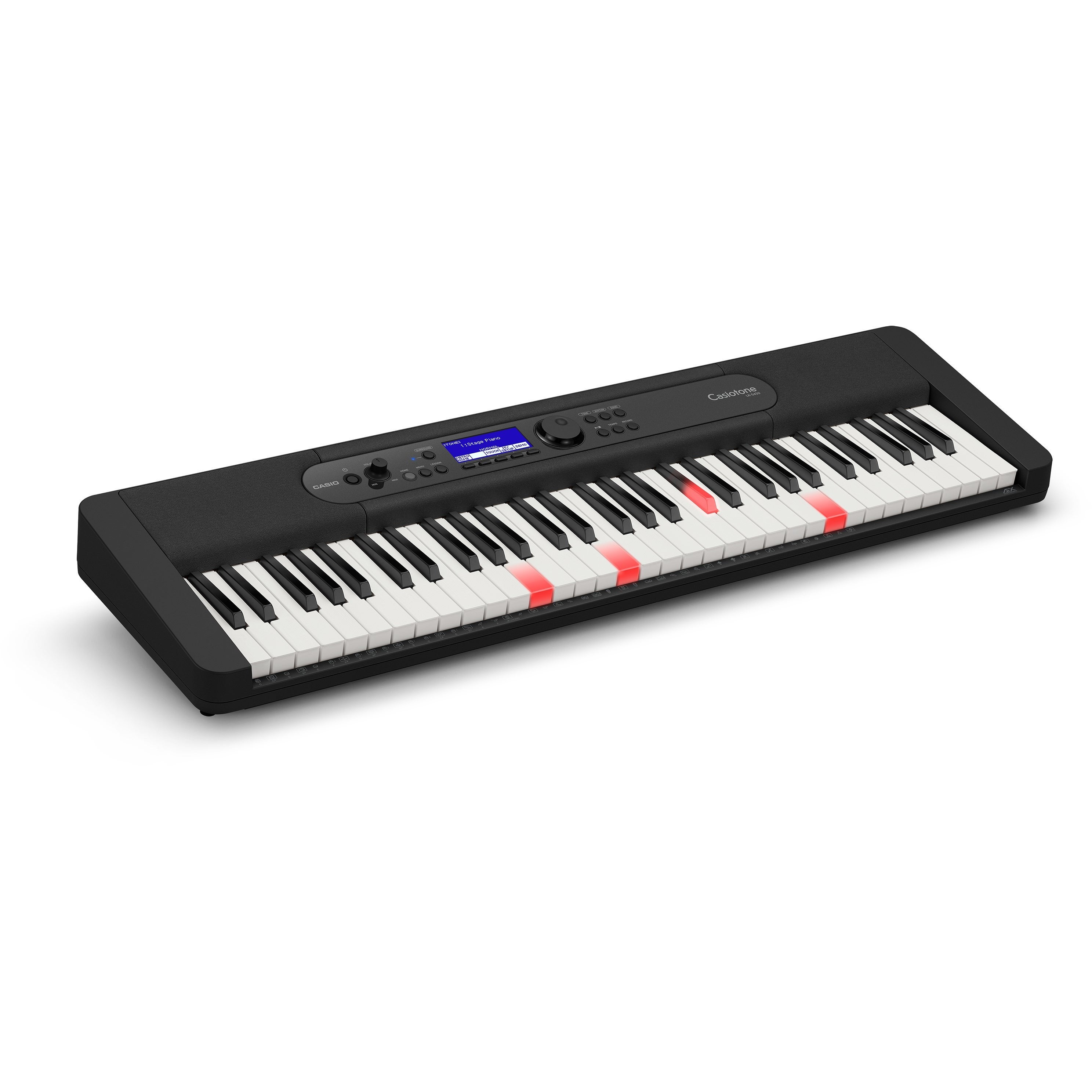 Zwart keyboard met verlichte rode toetsen en een blauw scherm.