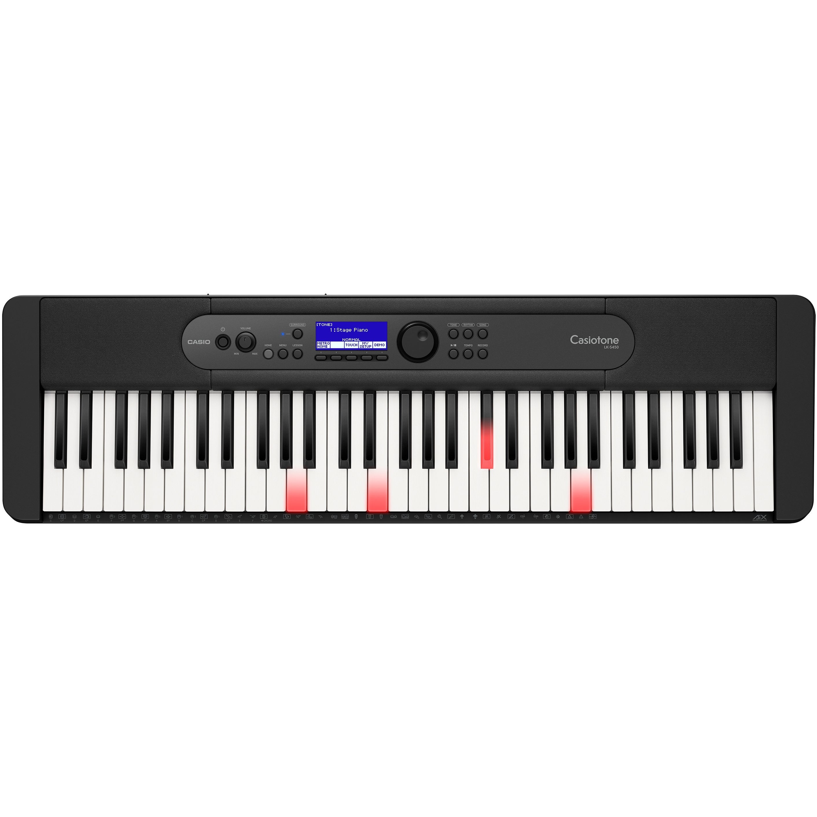 Zwart Casio Casiotone LK-S450 keyboard met verlichte toetsen.