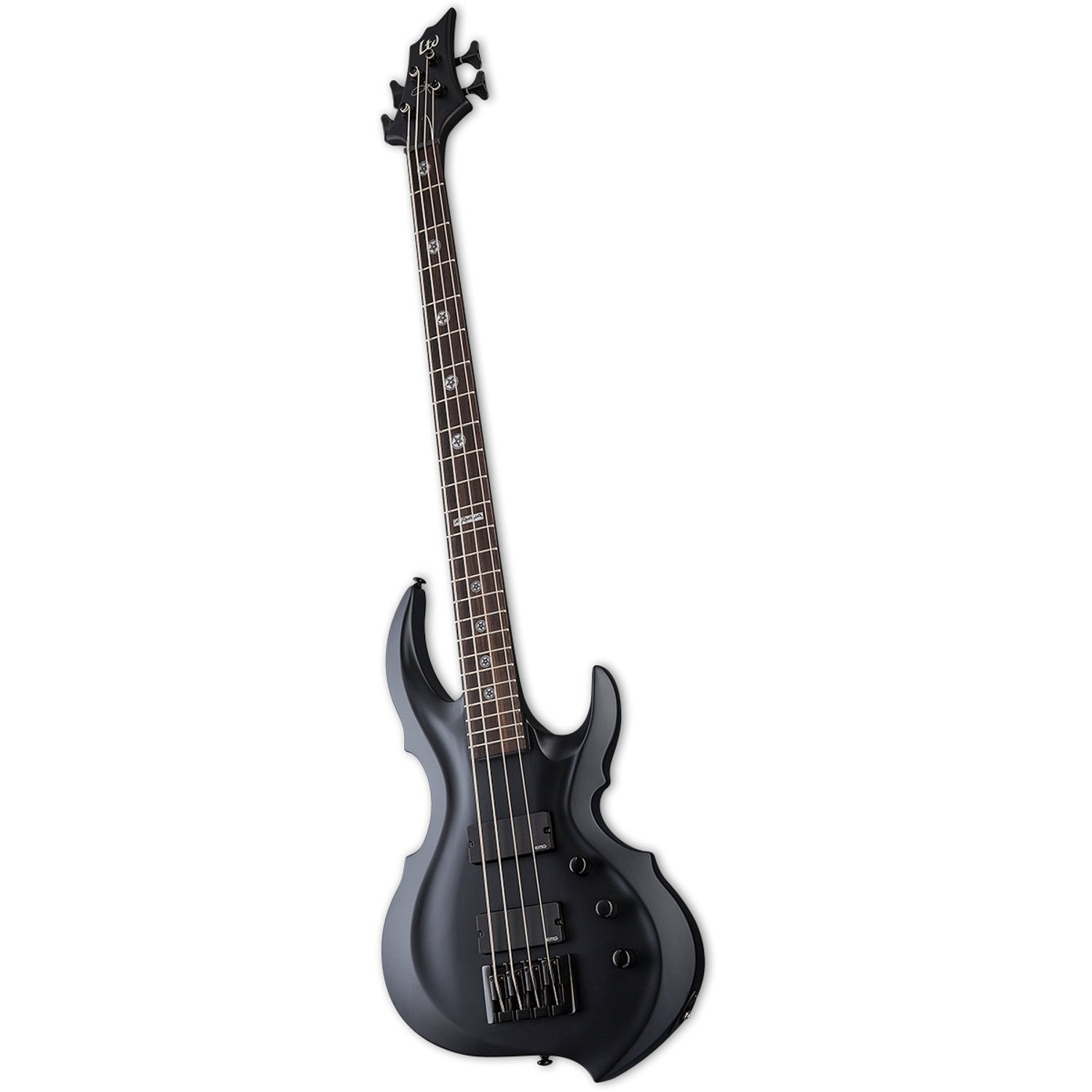 Een zwarte elektrische basgitaar met een puntige lichaamsvorm ligt op een witte achtergrond.