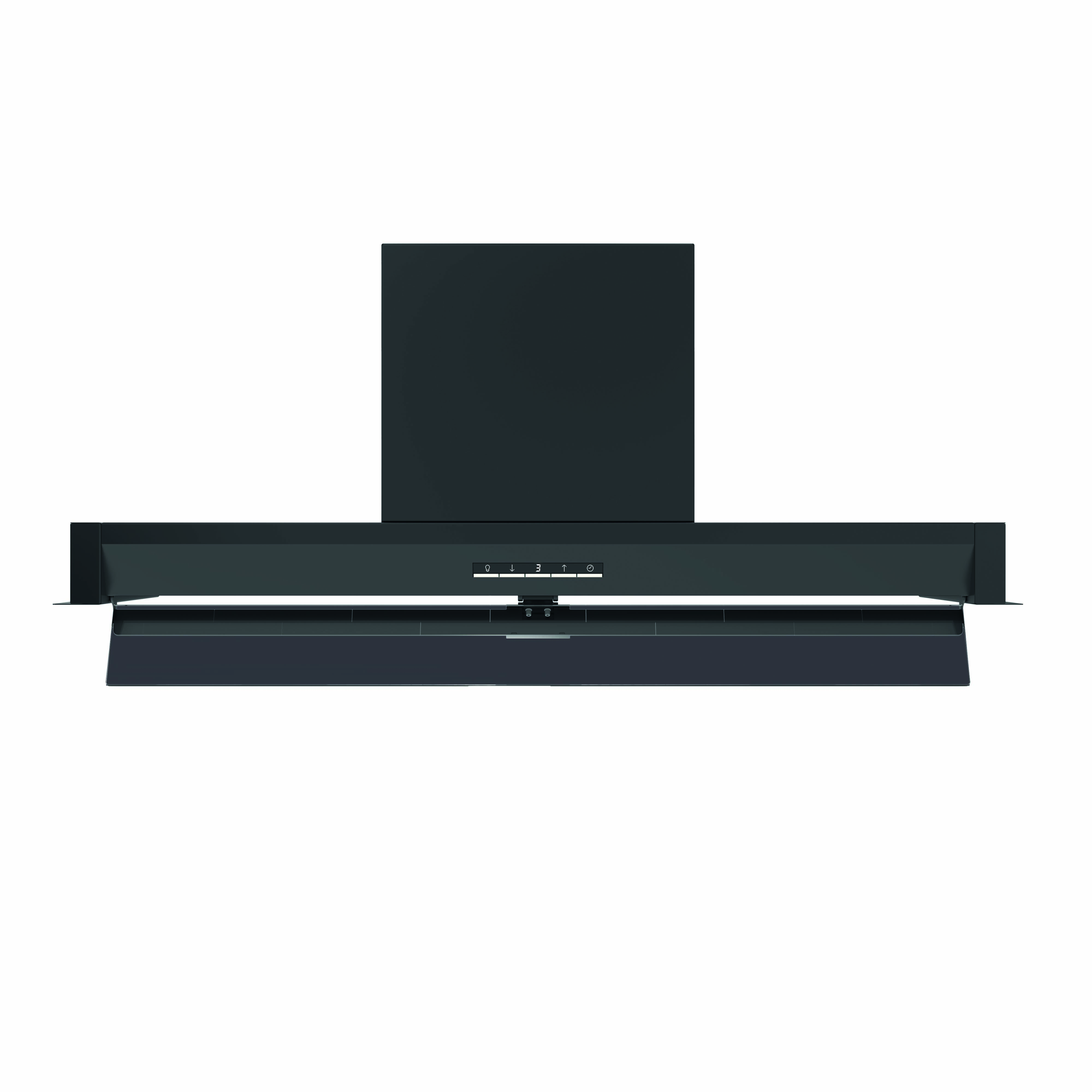 Una elegante campana extractora negra con controles táctiles y pantalla digital.