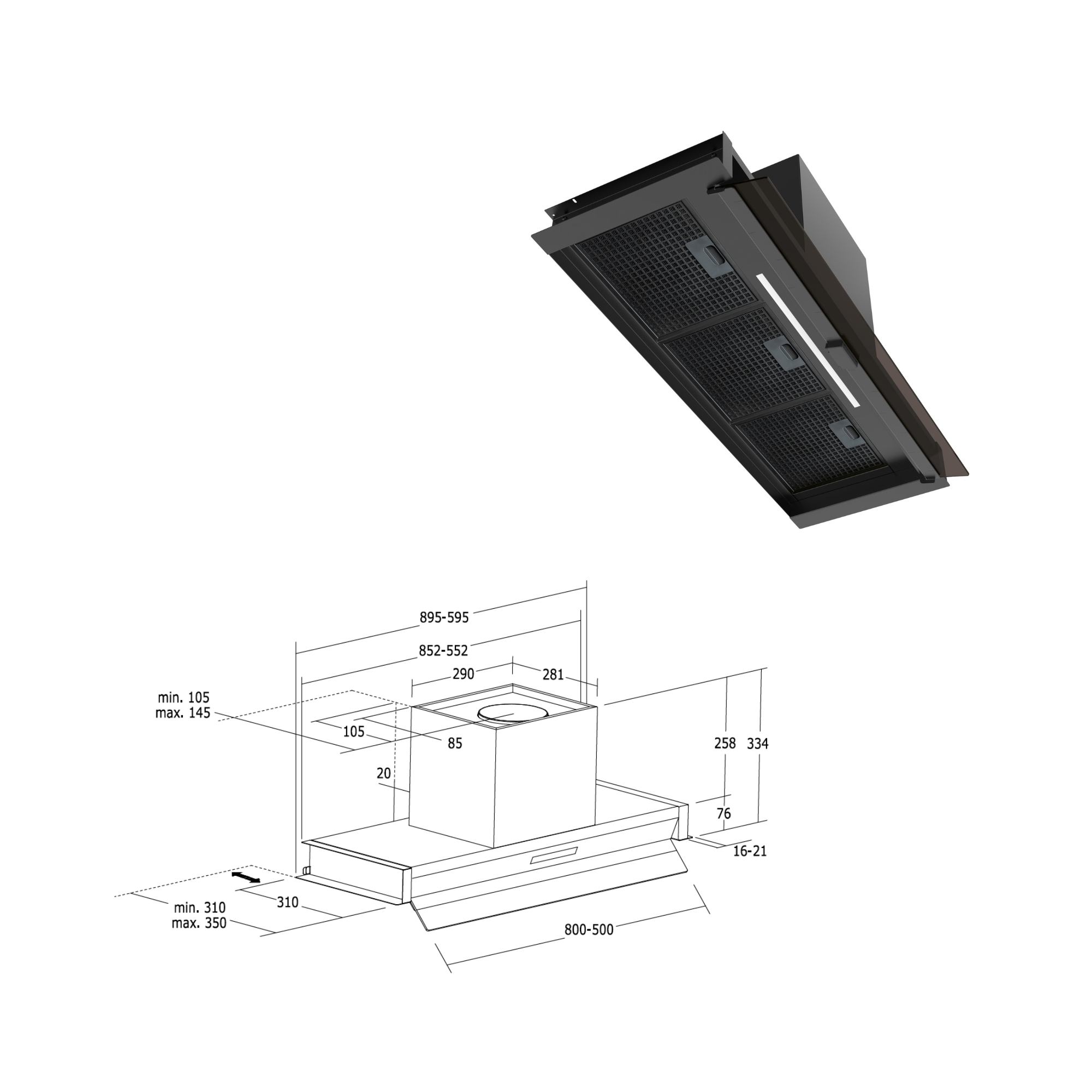 Dibujo técnico de una campana extractora con dimensiones y detalles.