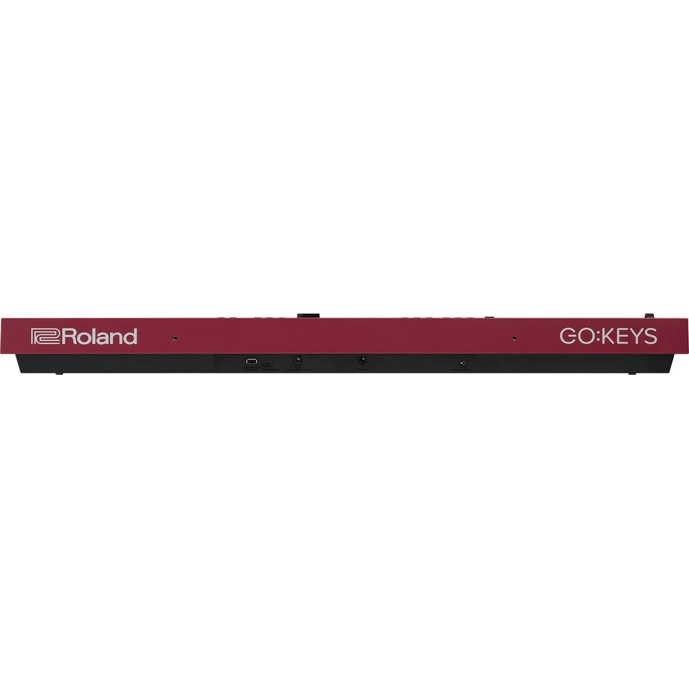 Een rood Roland GO:KEYS keyboard met poorten en logo.