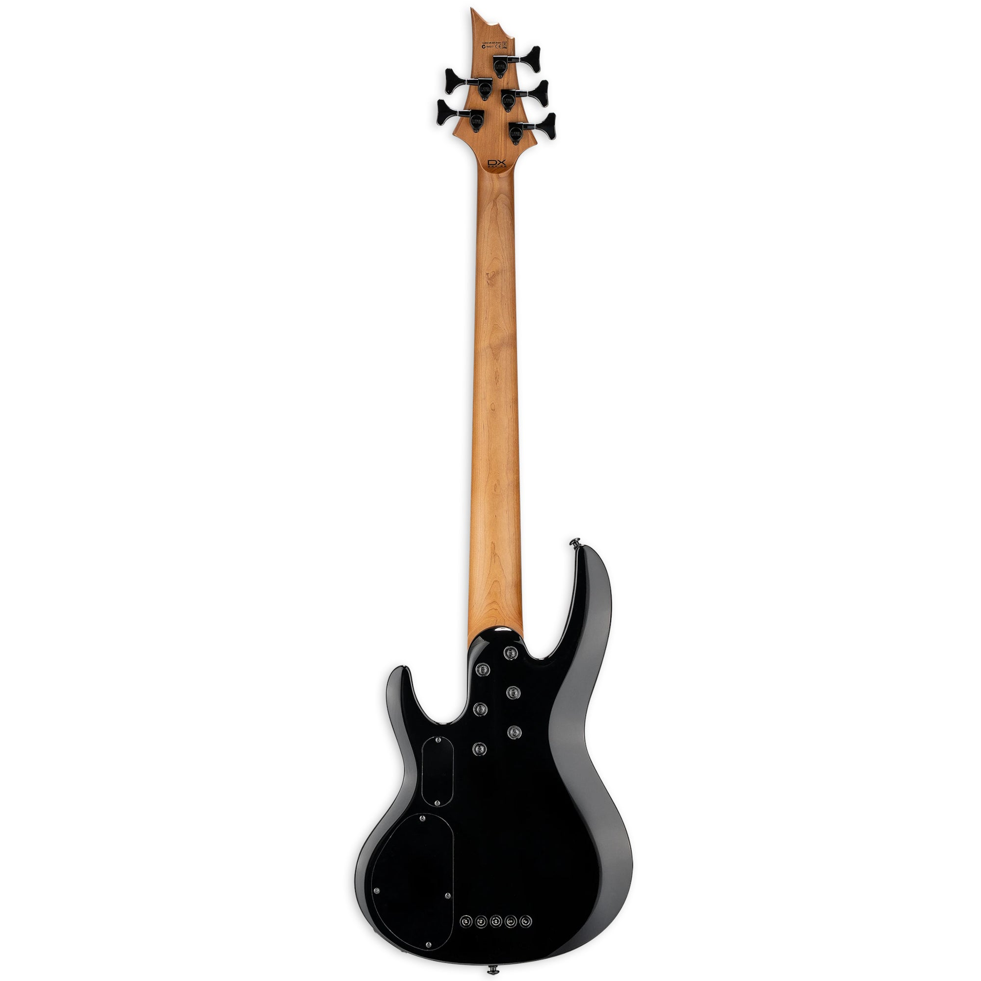 Back view of a black 5-string electric bass guitar with a light wood neck and black tuning pegs.