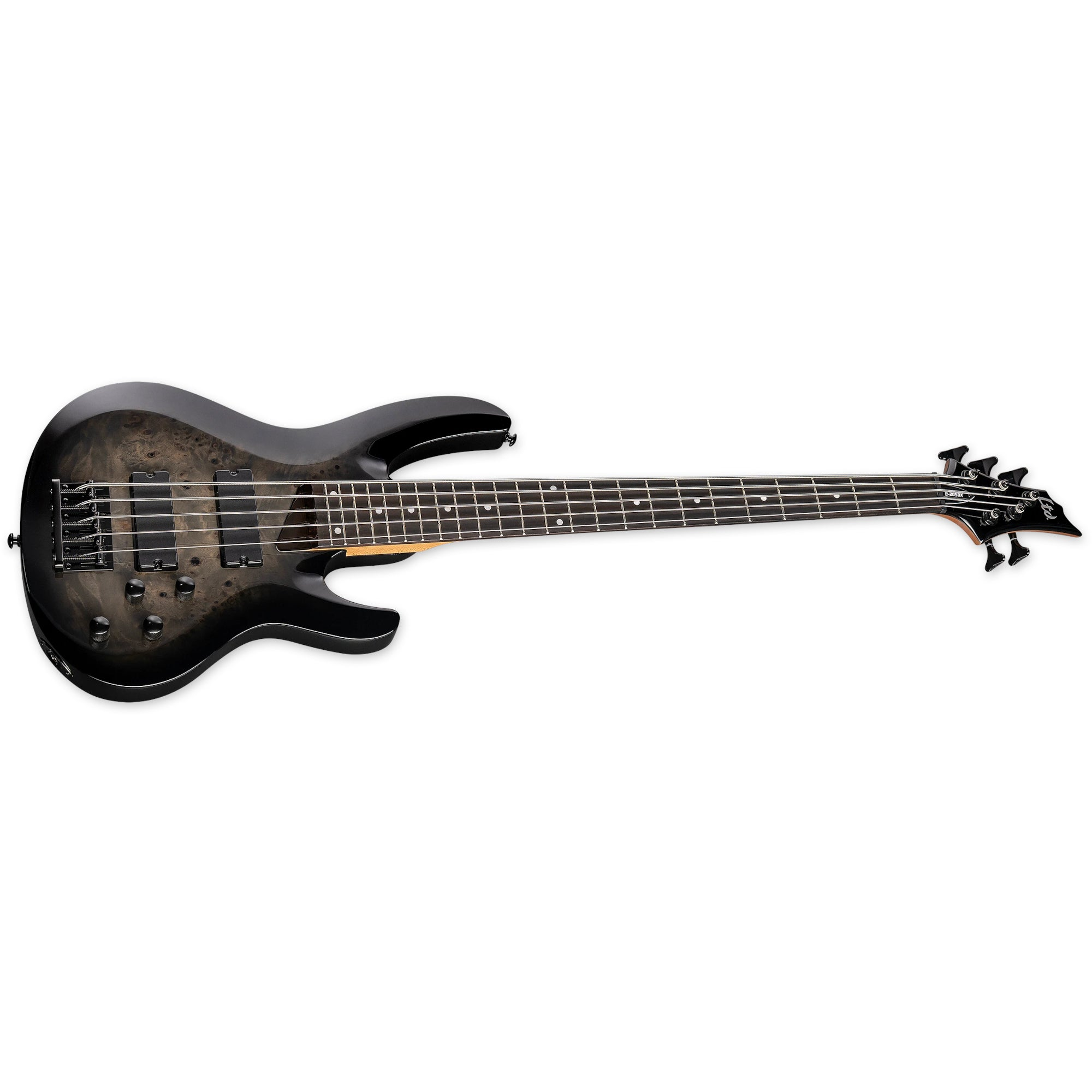 Black 5-string bass guitar with a wood grain top and chrome hardware on a white background.