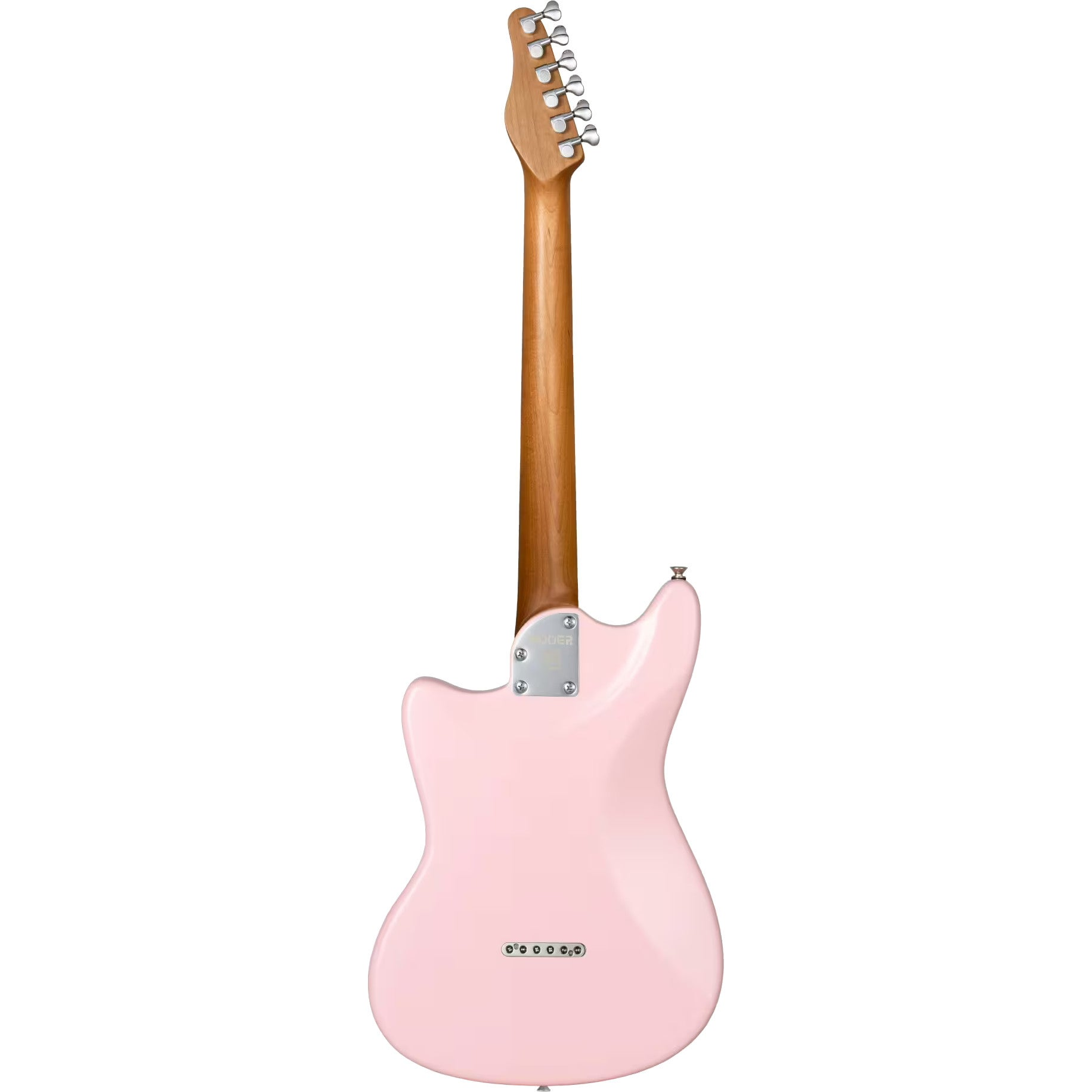 Achterkant van een roze elektrische gitaar met houten hals en zilveren stemknoppen.