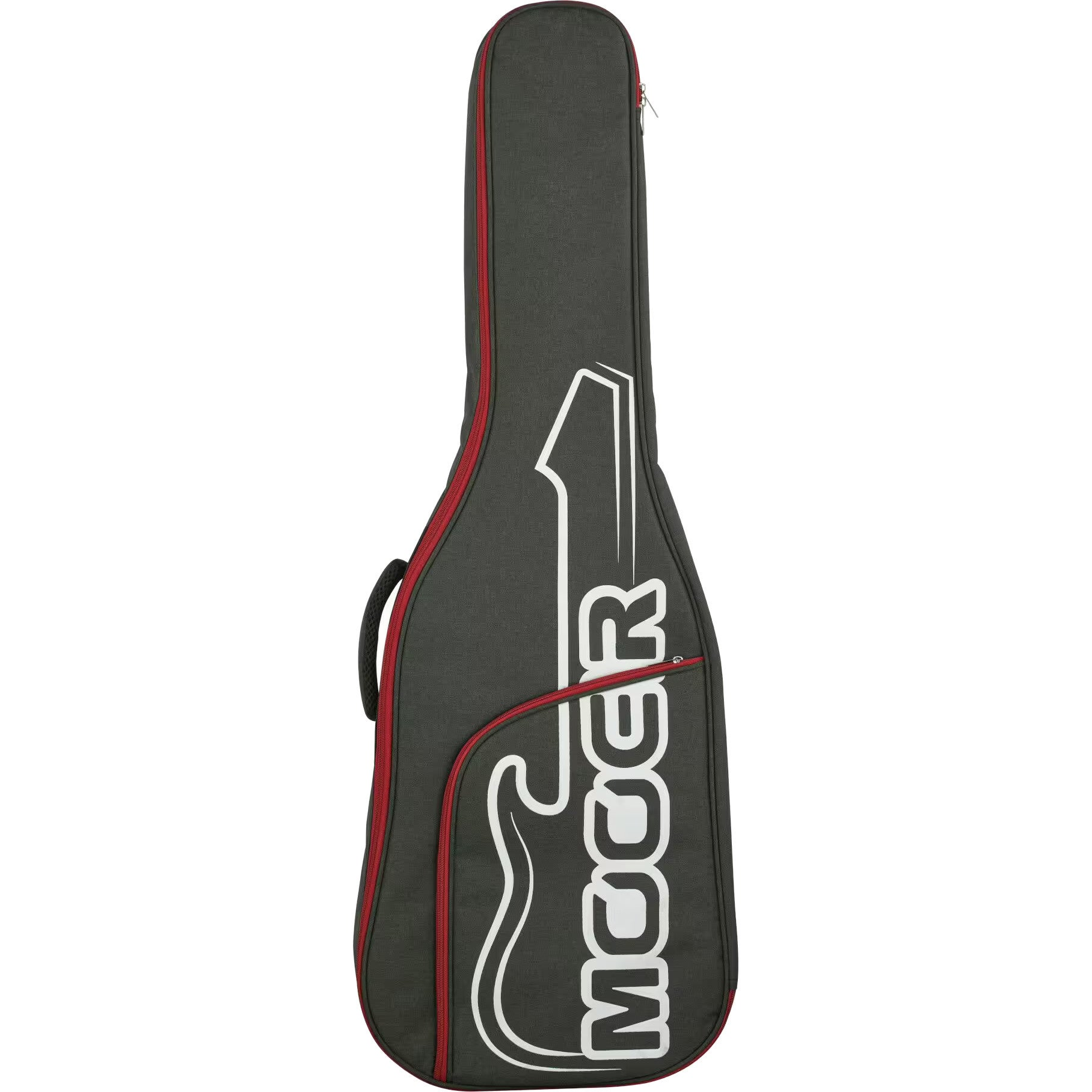 Grijze gitaartas met rode bies en wit logo.