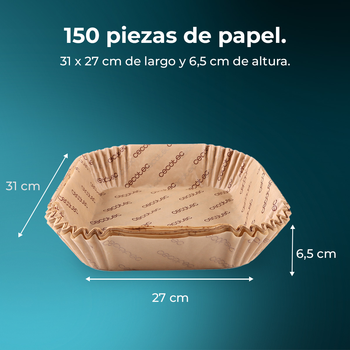 Pila de moldes de papel marrones, 31x27x6,5 cm, con logo Cecomix.
