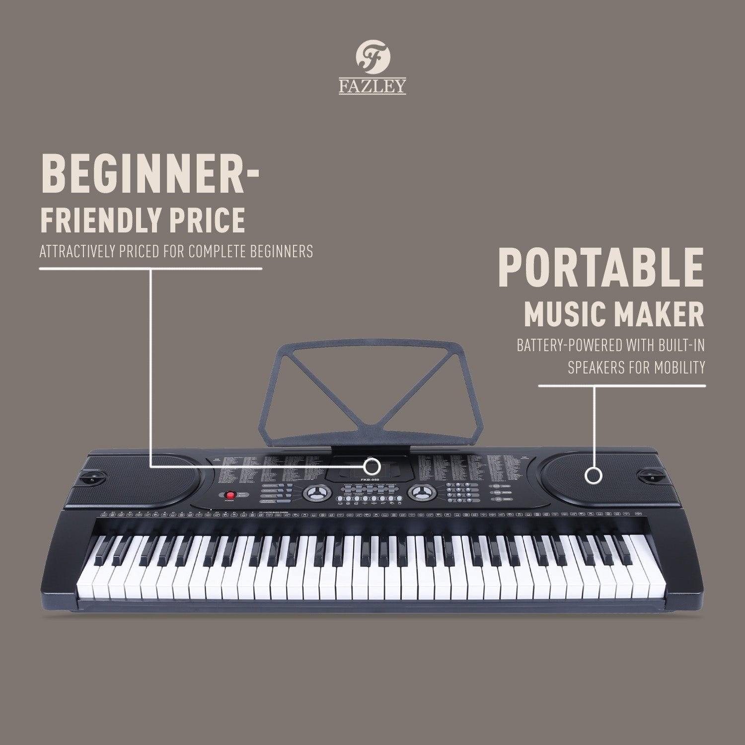 Black portable keyboard with white keys, music stand, and speaker grills.