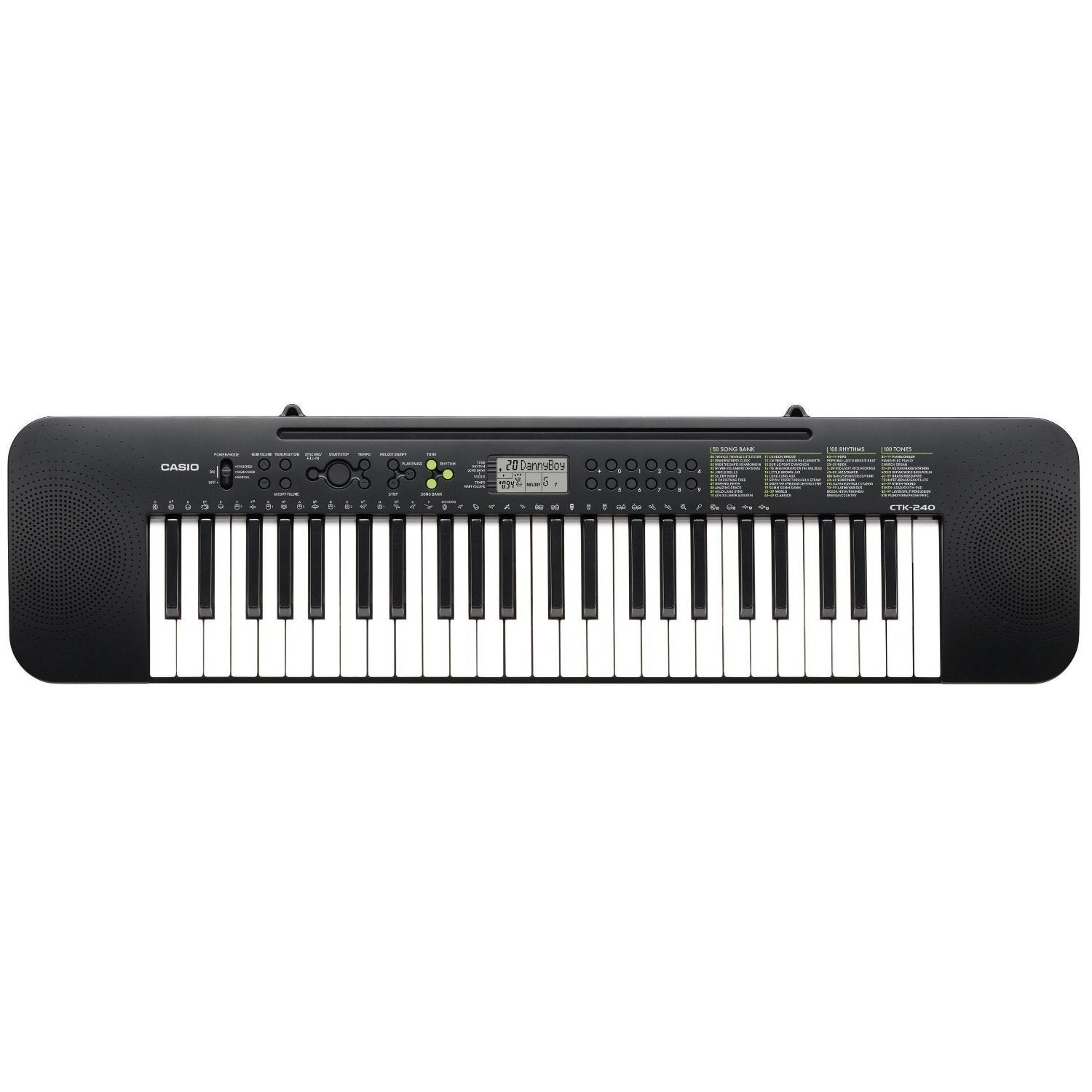 A black Casio CTK-240 keyboard with white and black keys, buttons, and a screen.