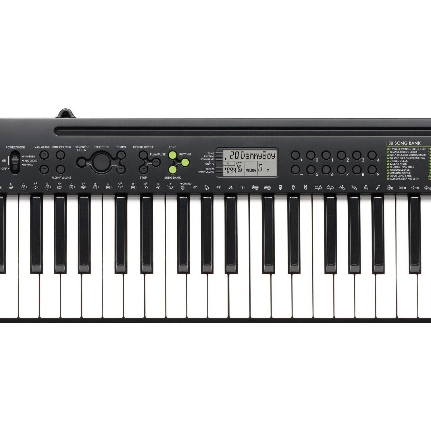 A black keyboard with keys, buttons, and an LCD display showing a song title.