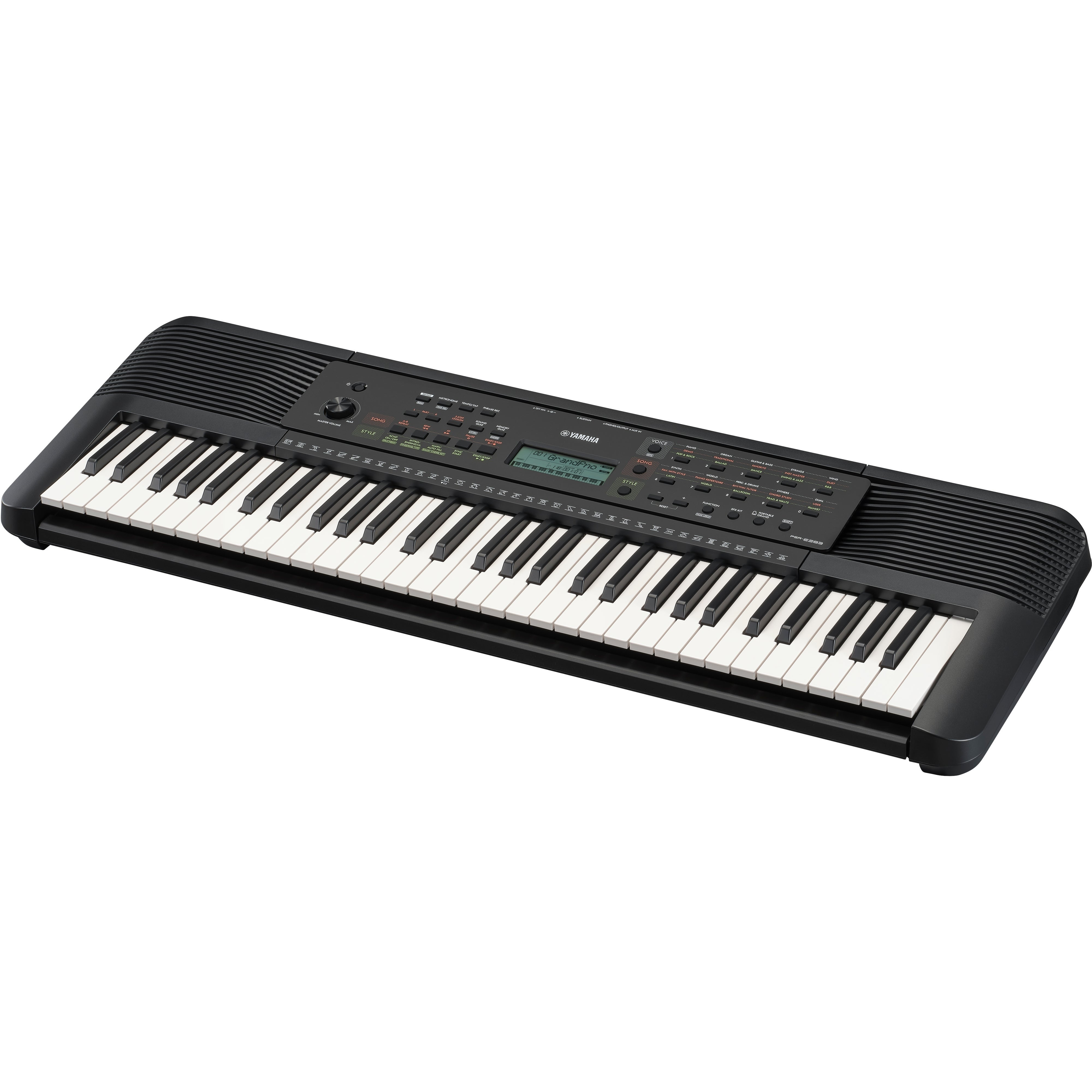 Zwart Yamaha keyboard met witte en zwarte toetsen, een display en knoppen.