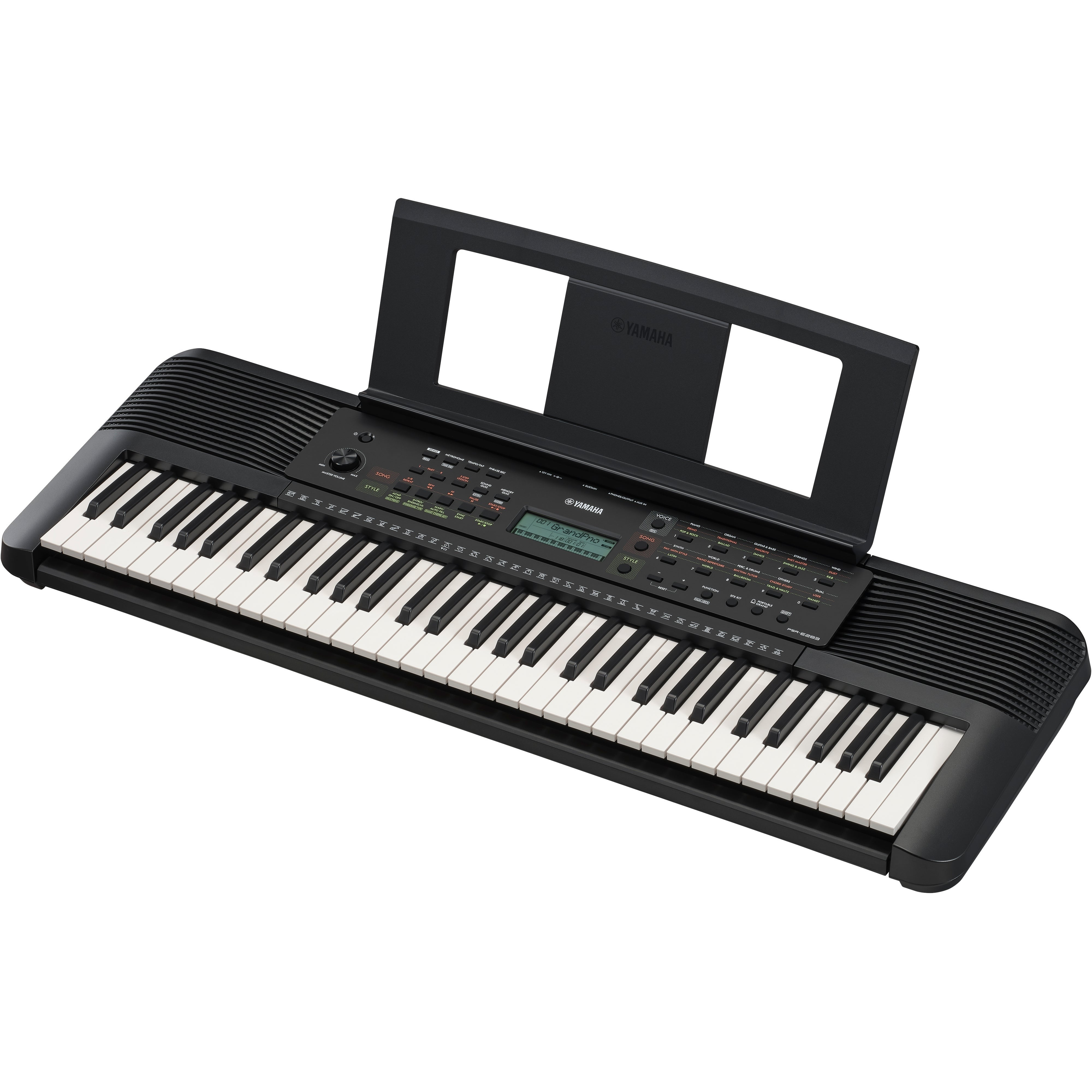Een zwart Yamaha keyboard met muziekstandaard, veel toetsen en knoppen.