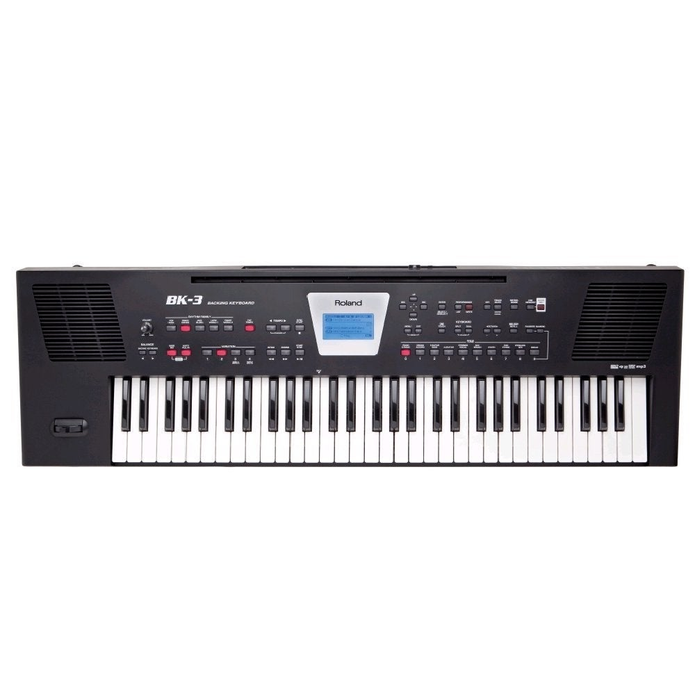 Een zwart Roland BK-3 keyboard met witte en zwarte toetsen en een blauw scherm.