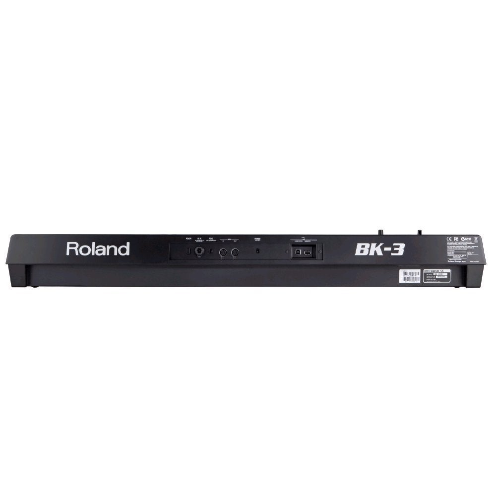Achterkant van een zwart Roland BK-3 keyboard met poorten en labels.