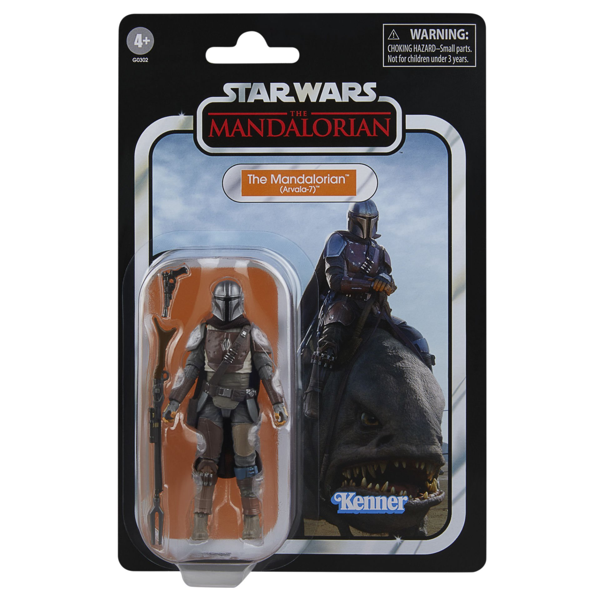 Star Wars Mandalorian Spielzeug in Verpackung. Figur links, Kreatur rechts.
