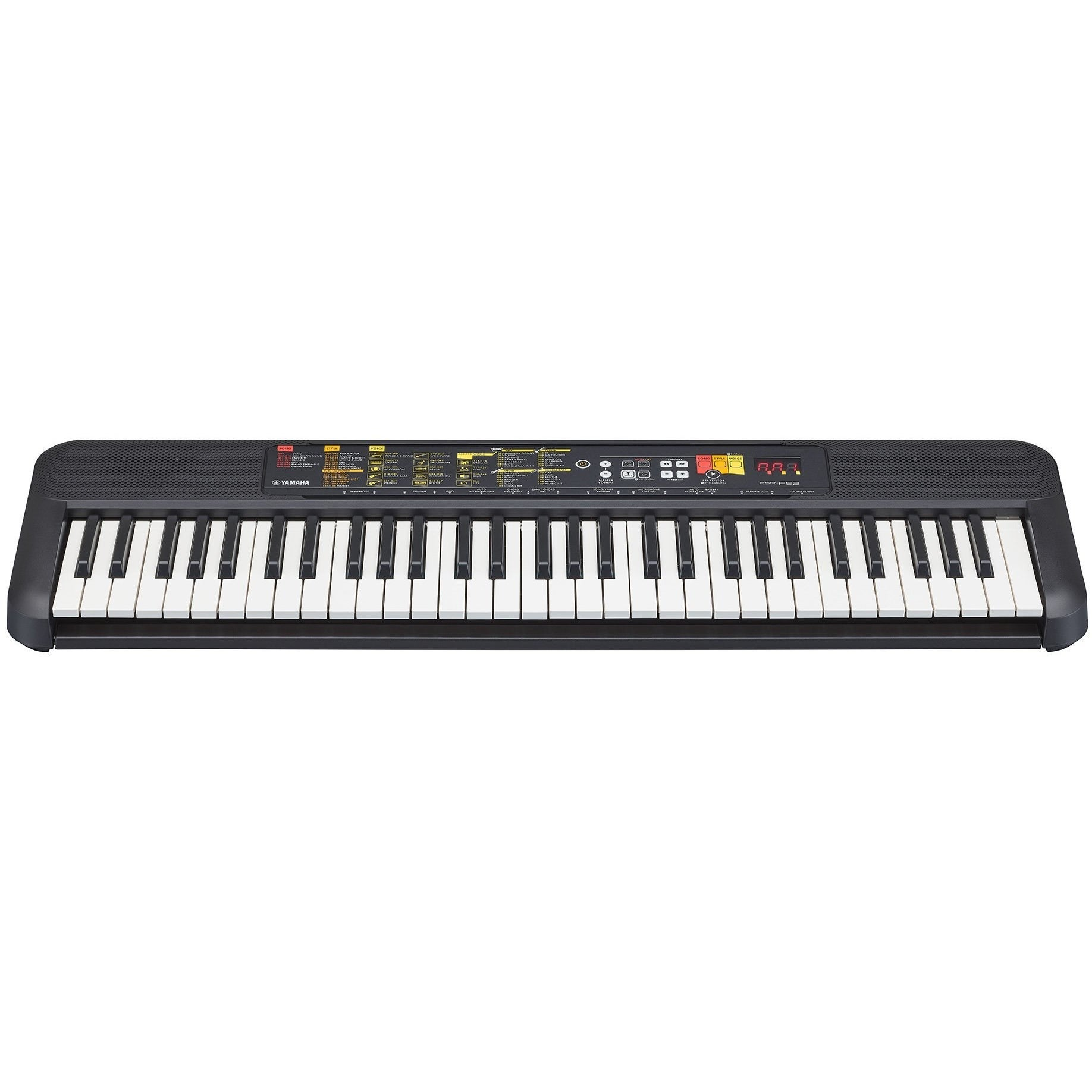 Een zwart keyboard met witte en zwarte toetsen en een bedieningspaneel.